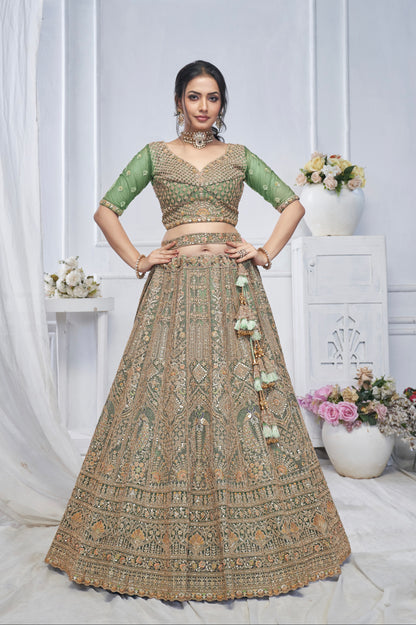 Green Soft Net Lehenga with Paisley &amp; Peacock Embroidery