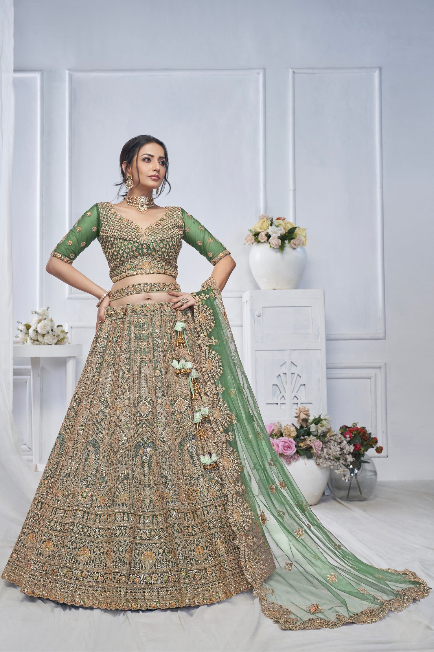 Green Soft Net Lehenga with Paisley &amp; Peacock Embroidery