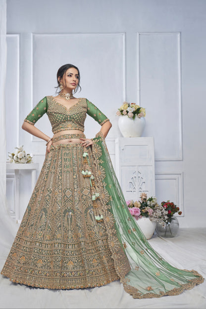 Green Soft Net Lehenga with Paisley &amp; Peacock Embroidery