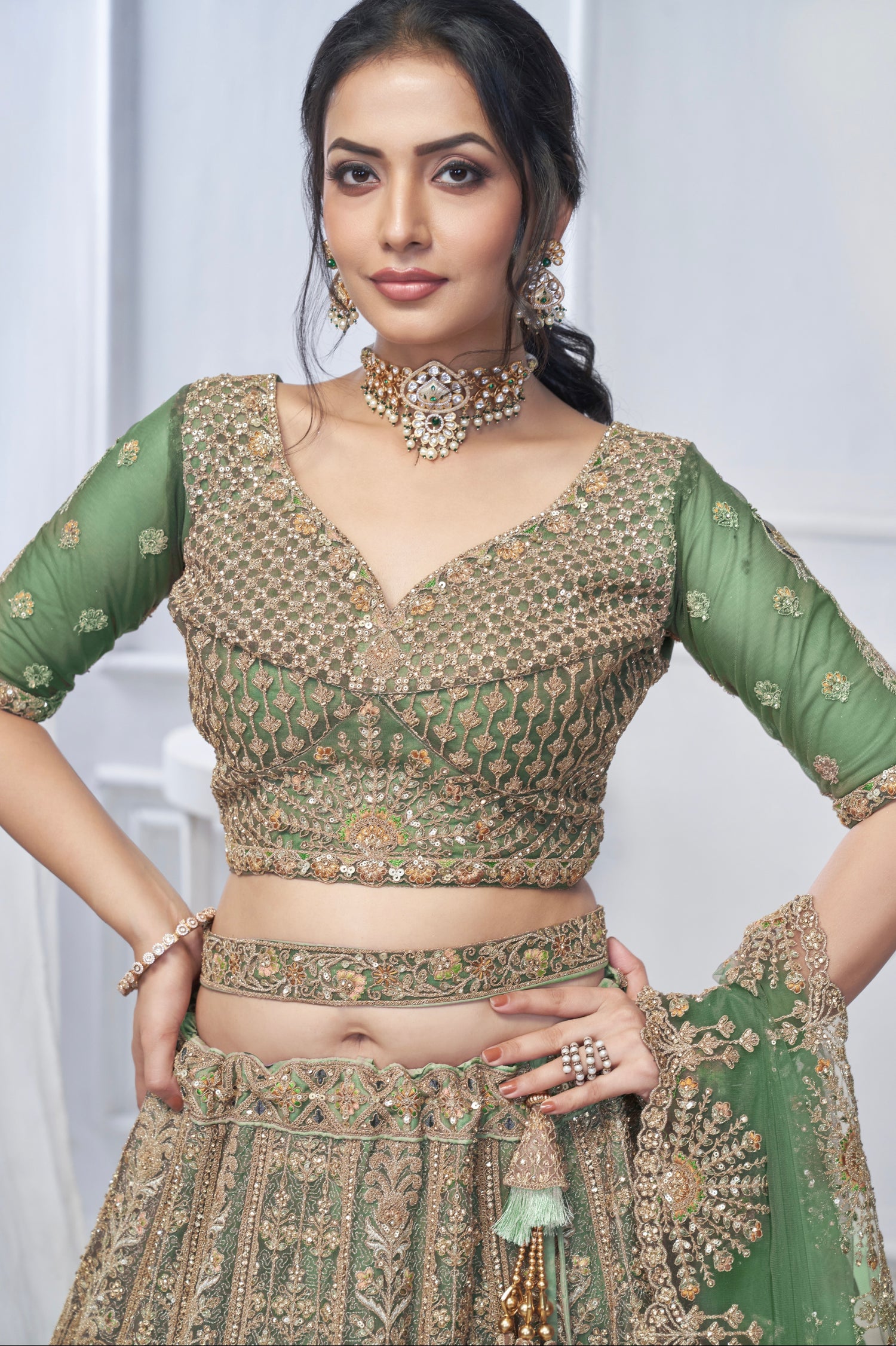 Green Soft Net Lehenga with Paisley &amp; Peacock Embroidery