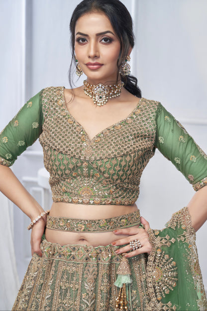 Green Soft Net Lehenga with Paisley &amp; Peacock Embroidery