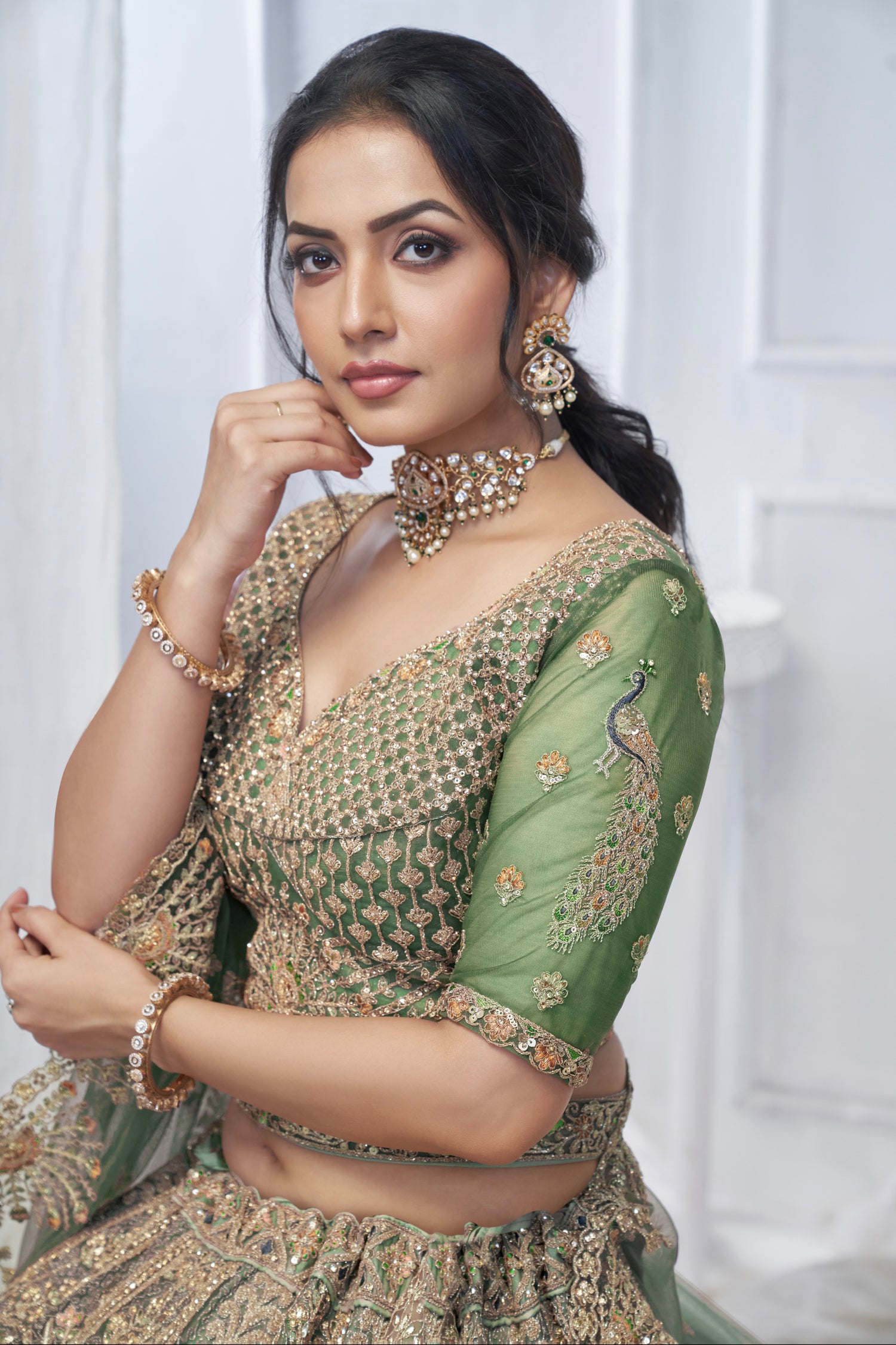 Green Soft Net Lehenga with Paisley &amp; Peacock Embroidery