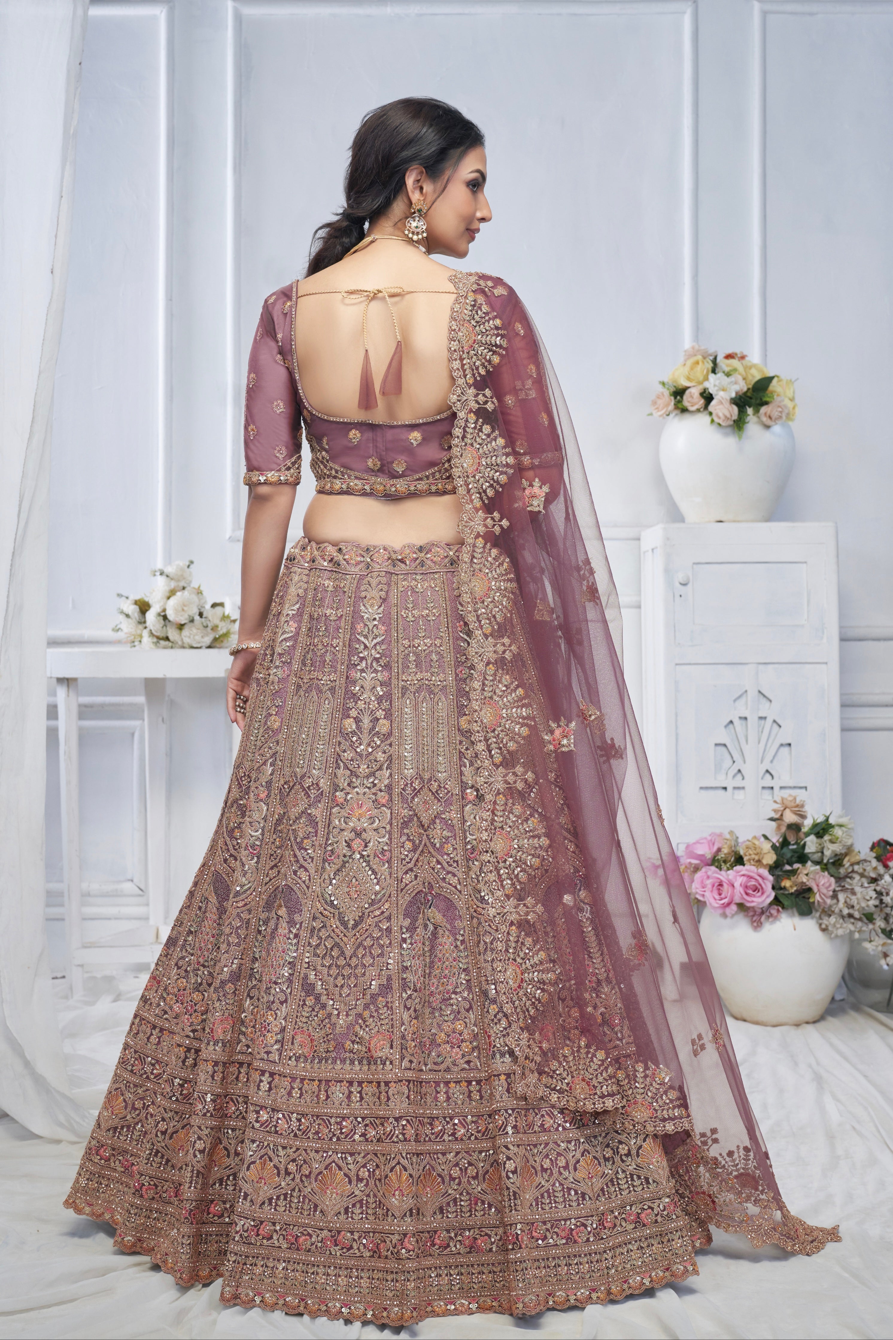 Bridal Mauve Soft Net Lehenga with Paisley &amp; Peacock Embroidery