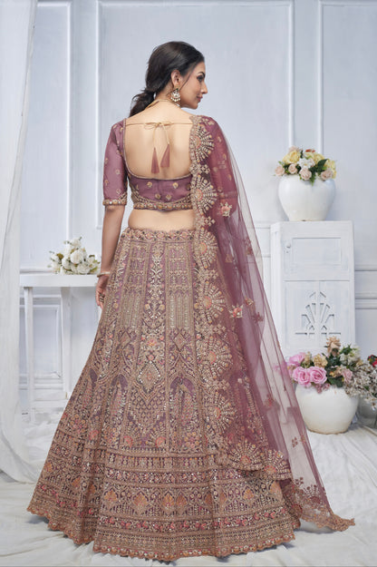 Bridal Mauve Soft Net Lehenga with Paisley &amp; Peacock Embroidery