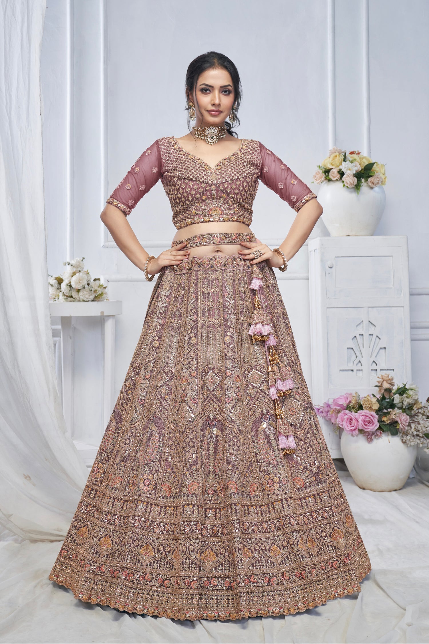 Bridal Mauve Soft Net Lehenga with Paisley &amp; Peacock Embroidery