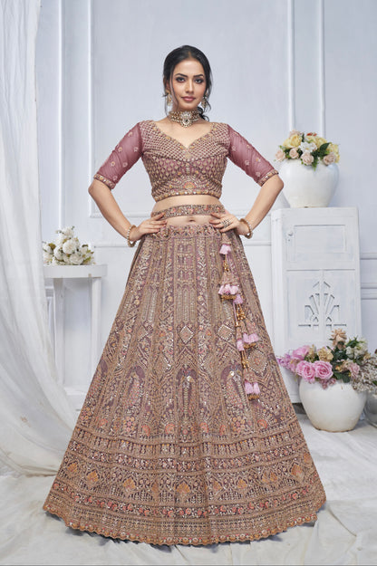 Bridal Mauve Soft Net Lehenga with Paisley &amp; Peacock Embroidery