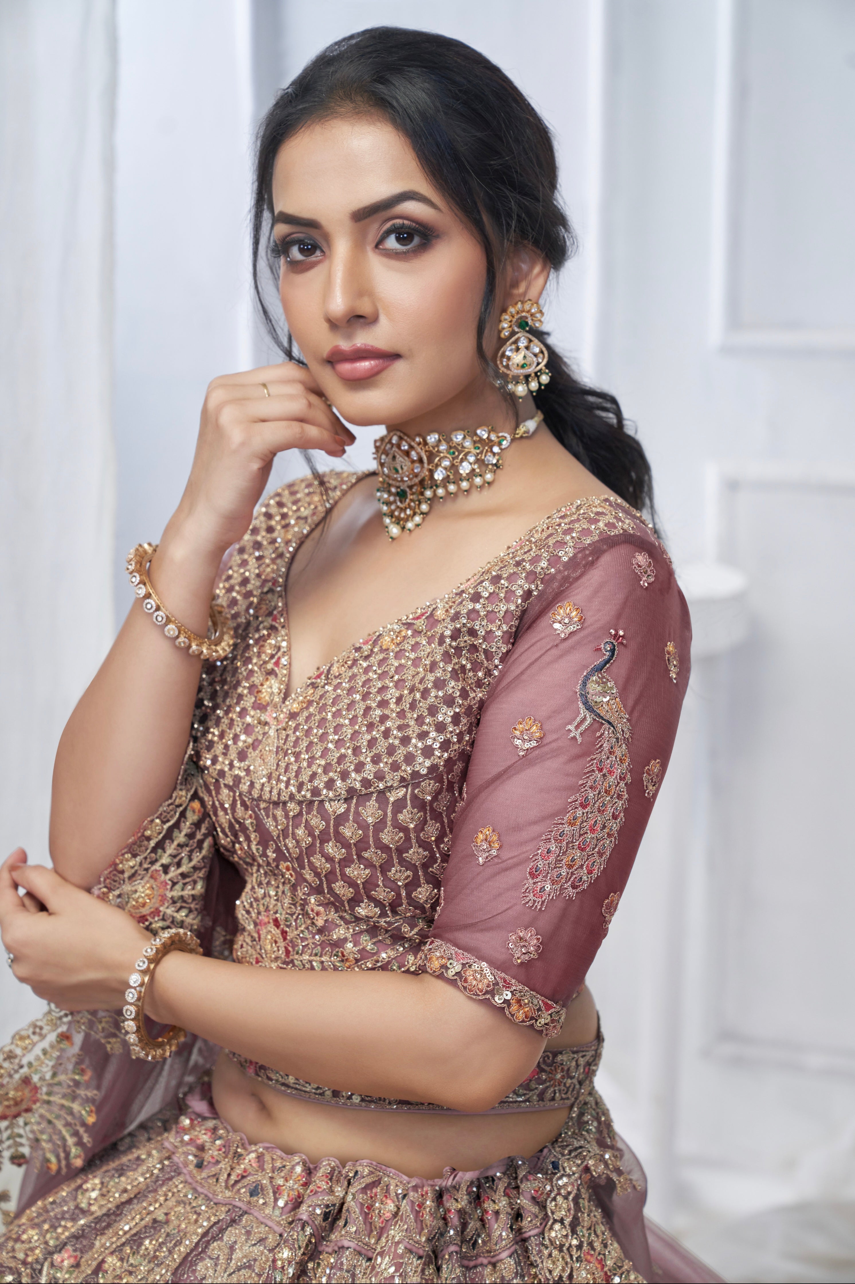 Bridal Mauve Soft Net Lehenga with Paisley &amp; Peacock Embroidery
