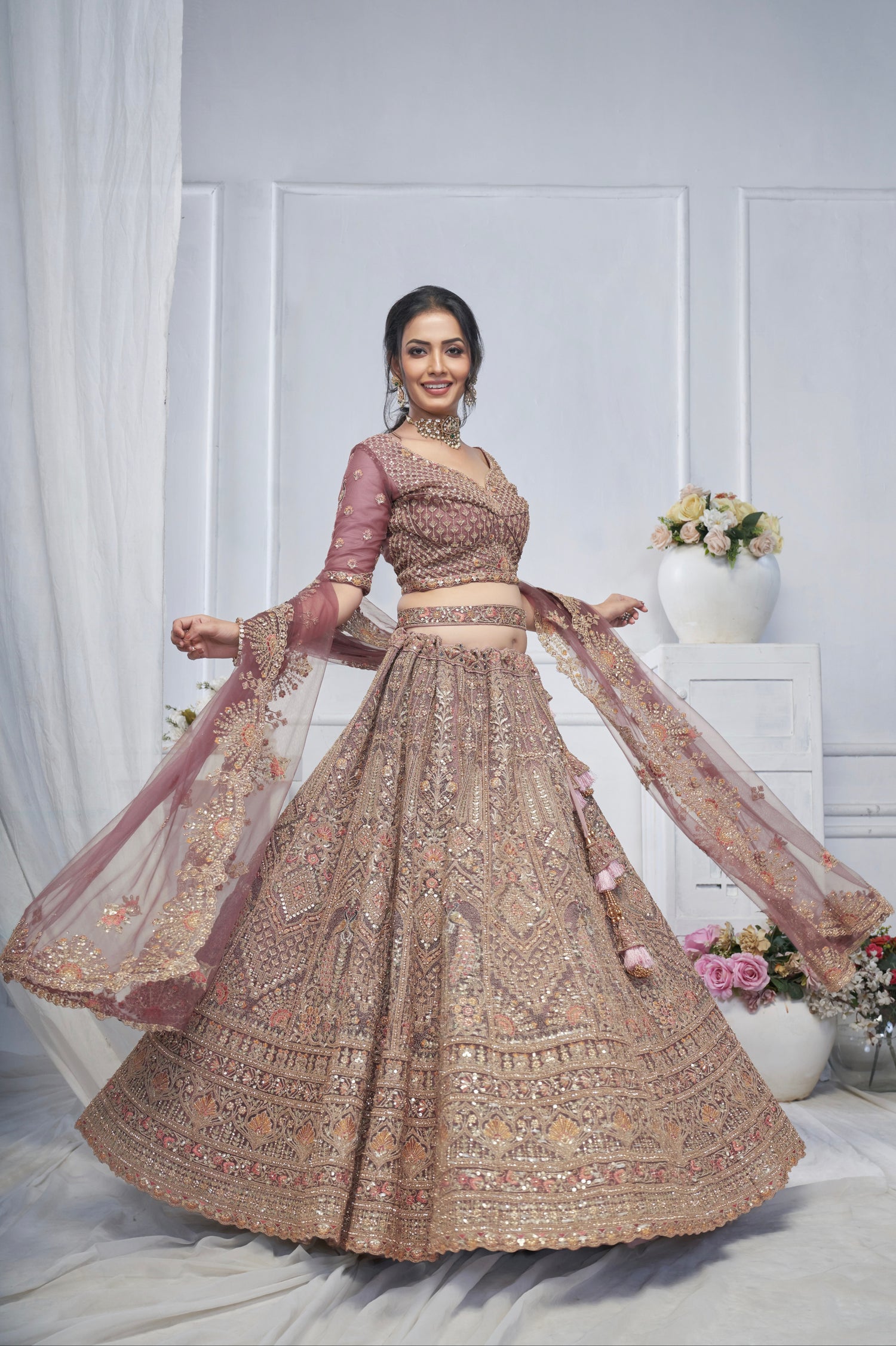 Bridal Mauve Soft Net Lehenga with Paisley &amp; Peacock Embroidery