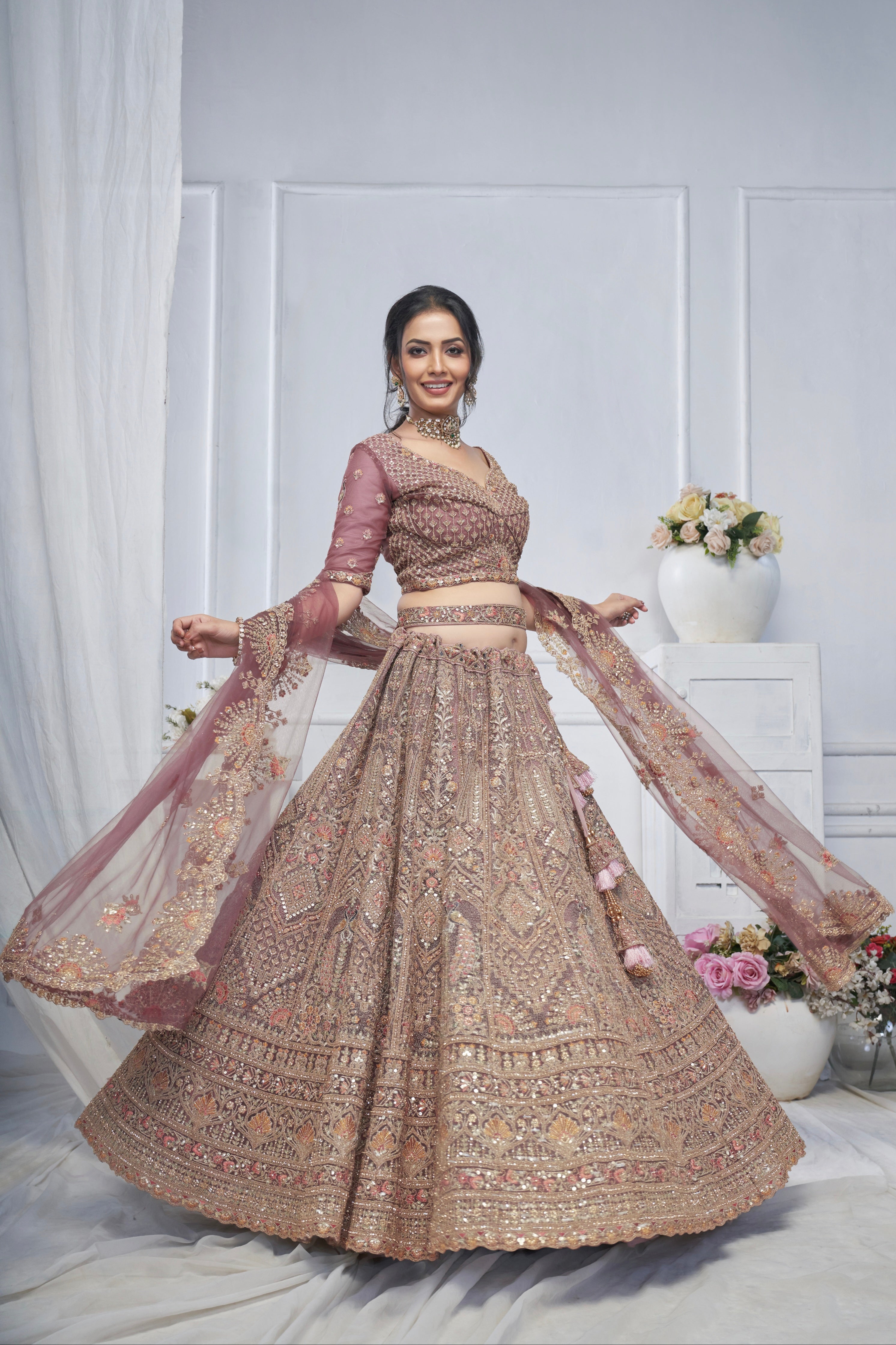 Bridal Mauve Soft Net Lehenga with Paisley &amp; Peacock Embroidery