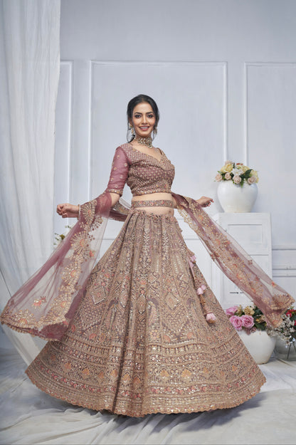 Bridal Mauve Soft Net Lehenga with Paisley &amp; Peacock Embroidery