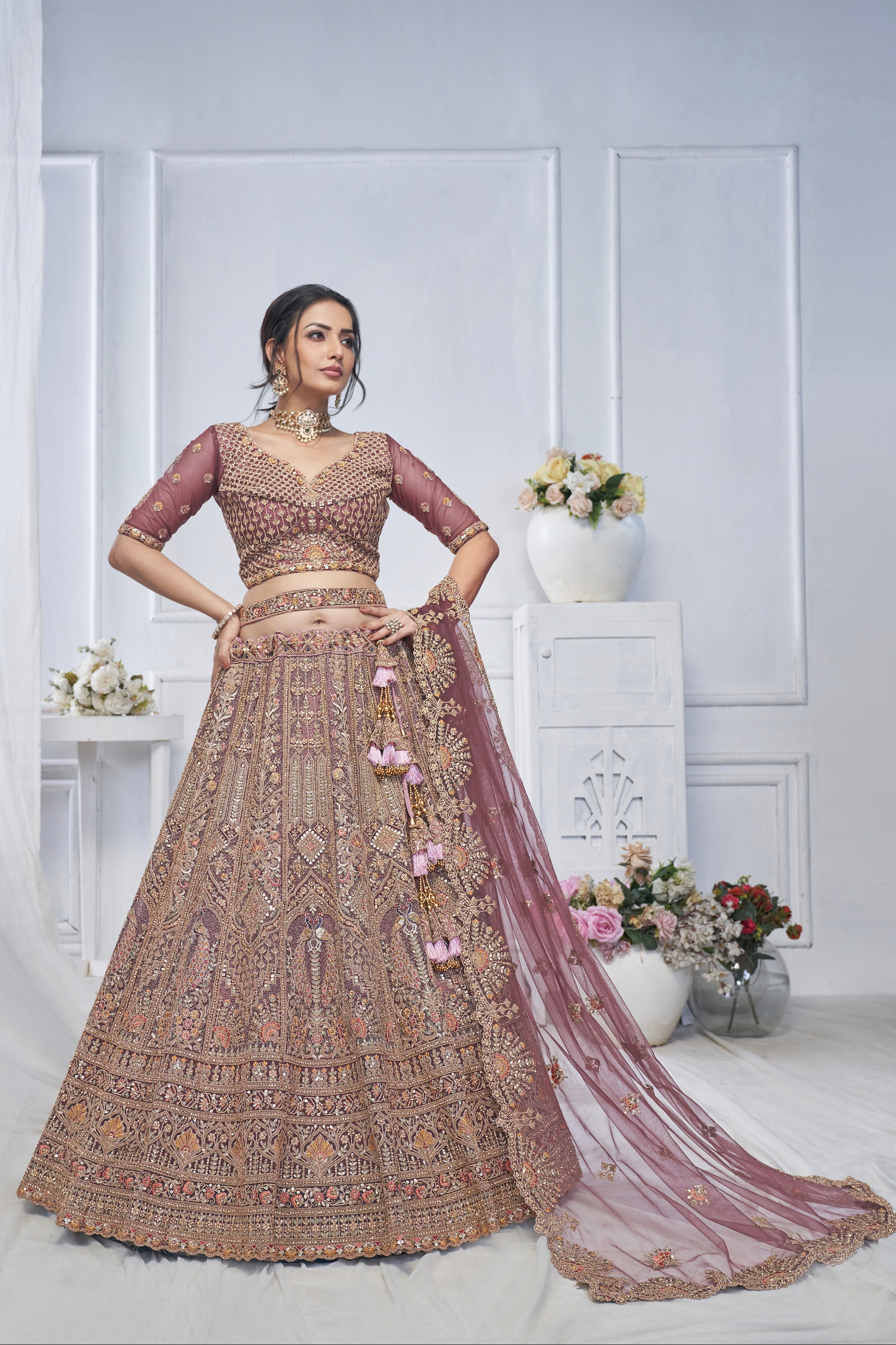 Bridal Mauve Soft Net Lehenga with Paisley &amp; Peacock Embroidery