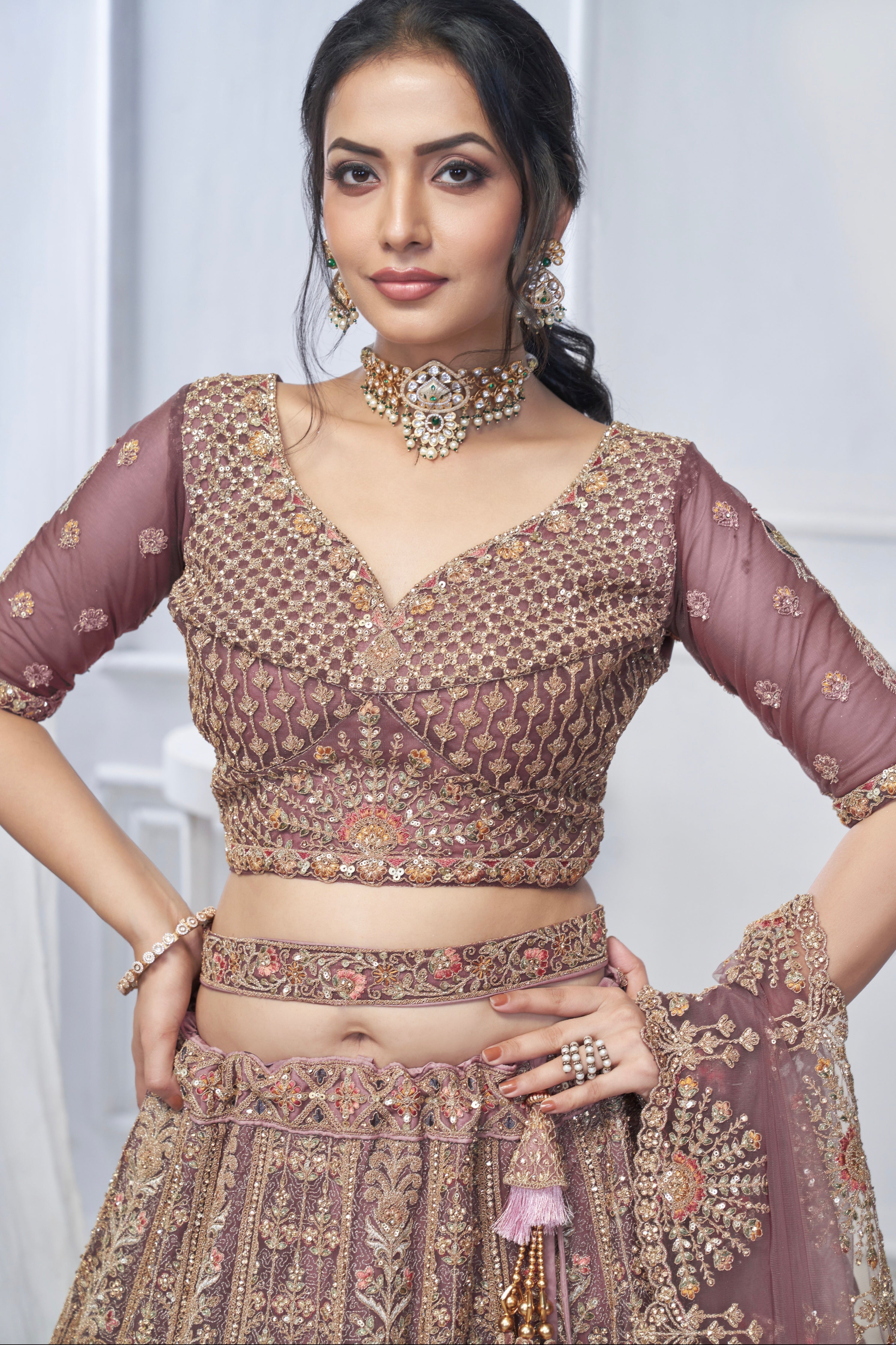 Bridal Mauve Soft Net Lehenga with Paisley &amp; Peacock Embroidery