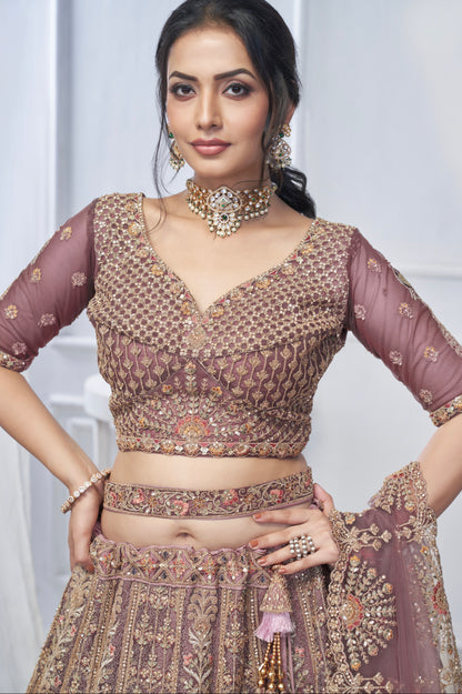 Bridal Mauve Soft Net Lehenga with Paisley &amp; Peacock Embroidery