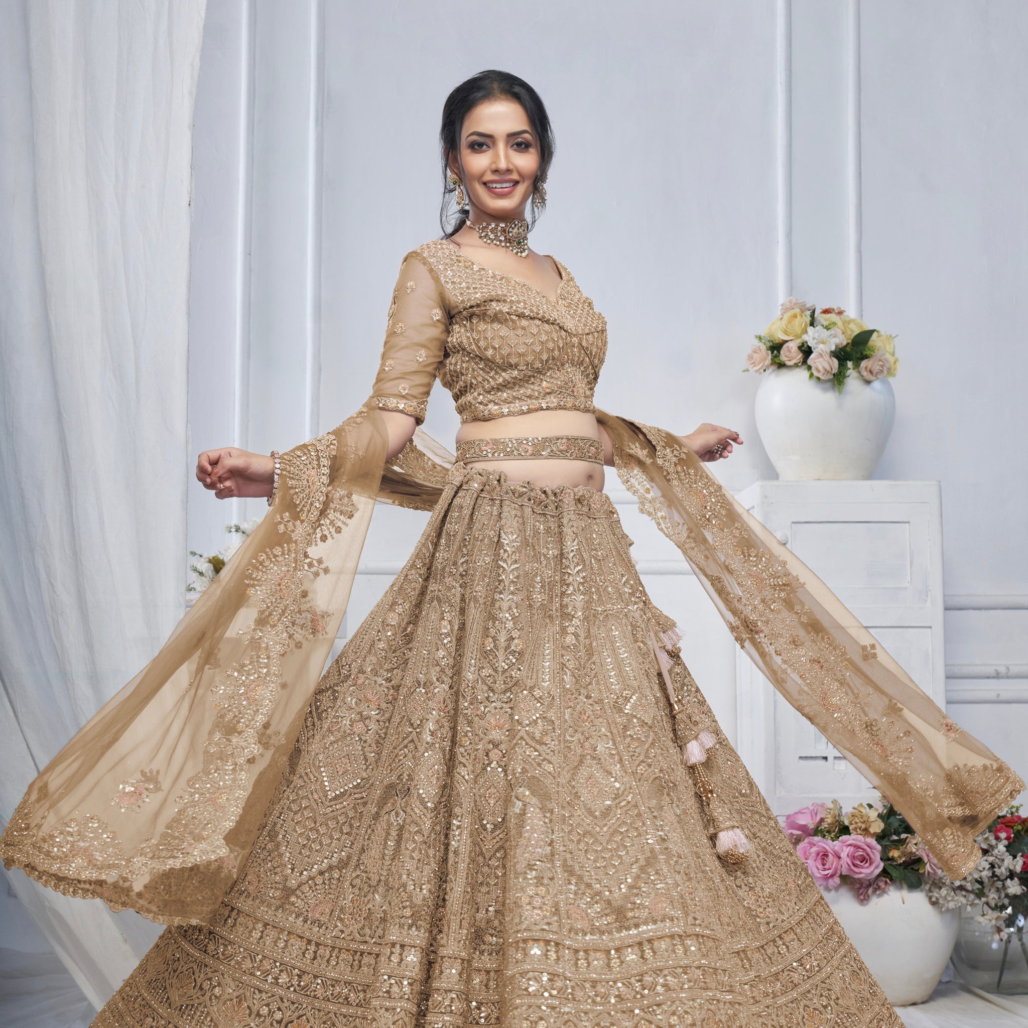 Bridal Brown Soft Net Lehenga with Paisley & Peacock Embroidery