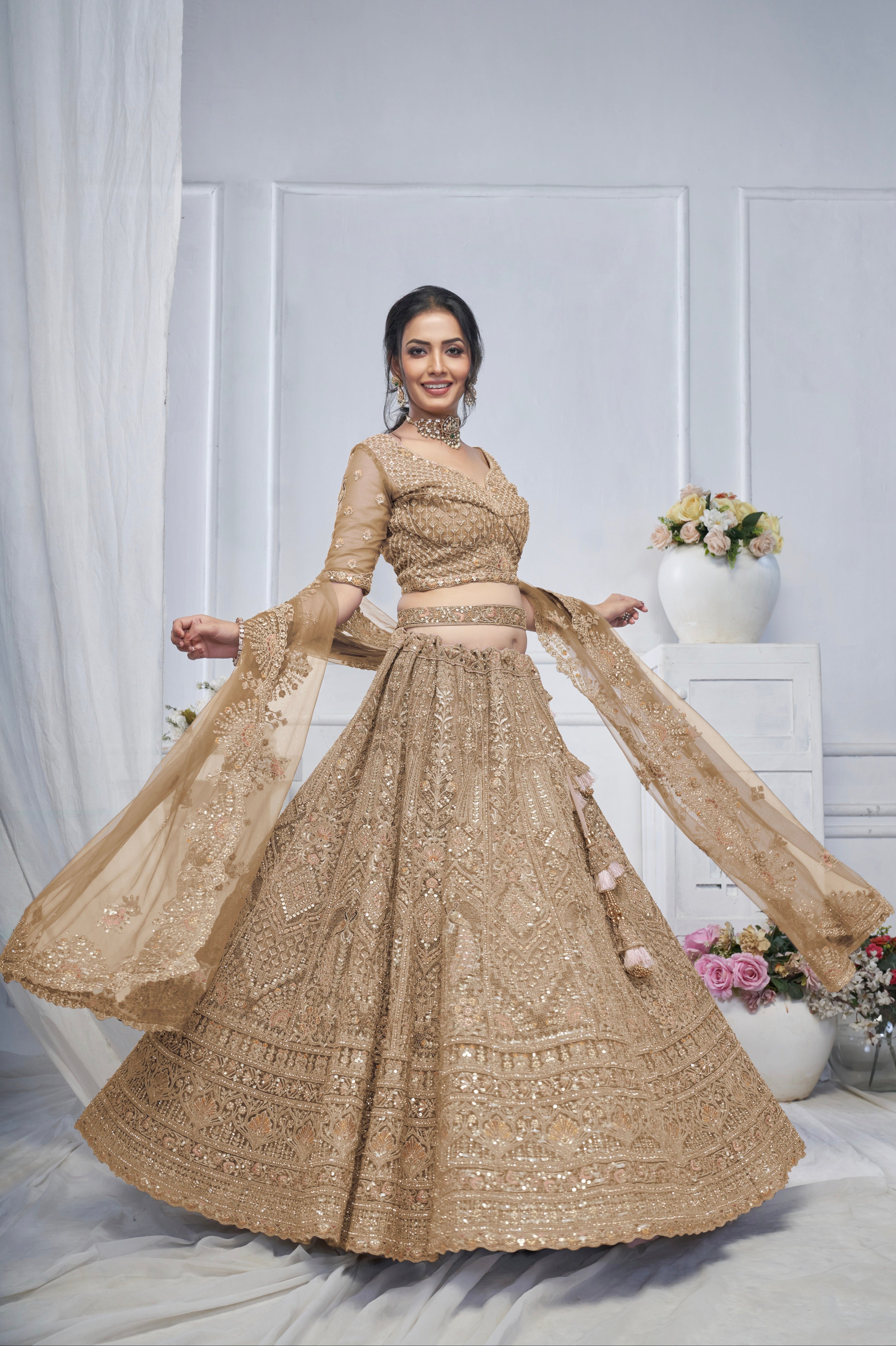 Bridal Brown Soft Net Lehenga with Paisley &amp; Peacock Embroidery
