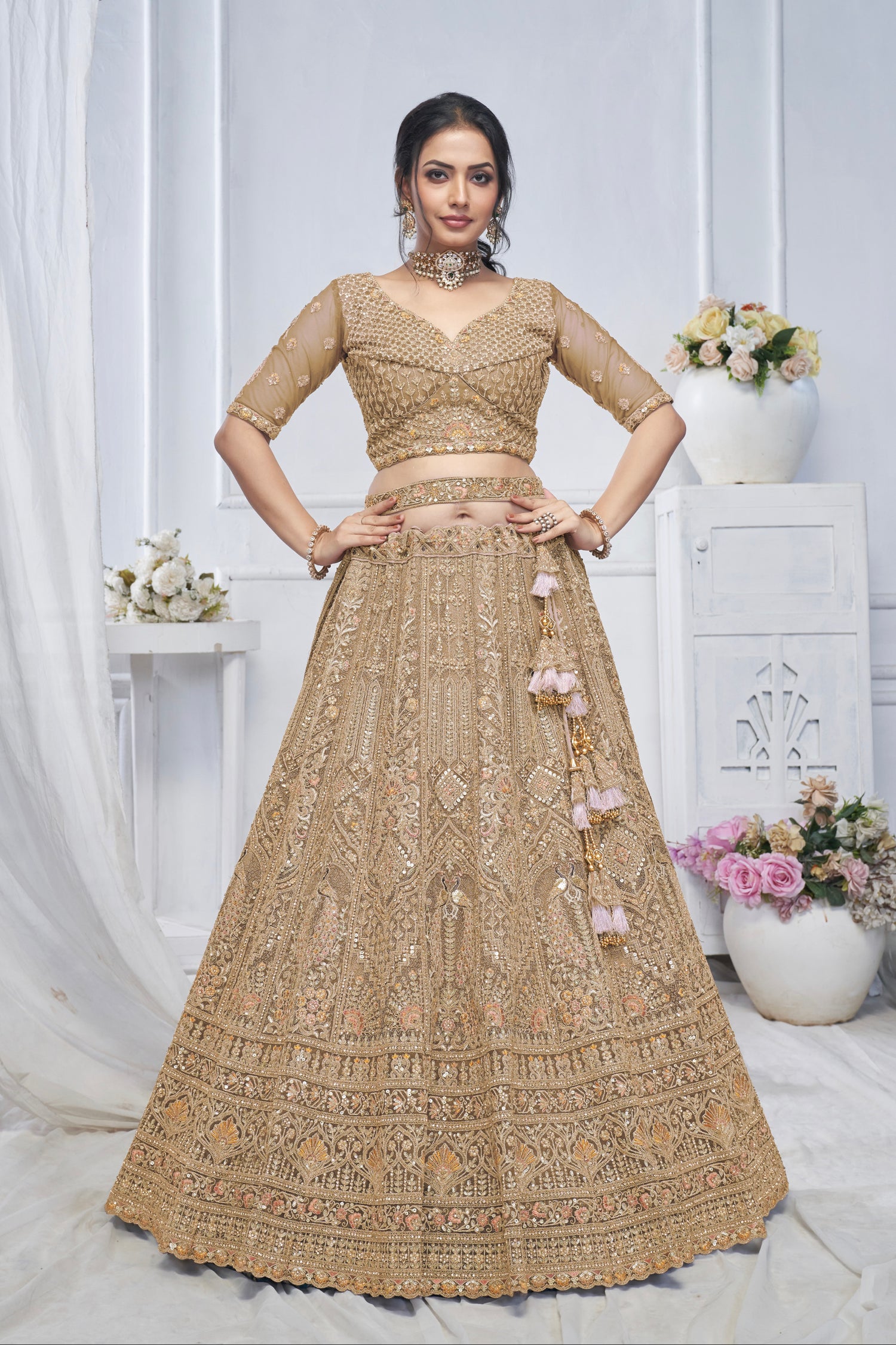 Bridal Brown Soft Net Lehenga with Paisley &amp; Peacock Embroidery