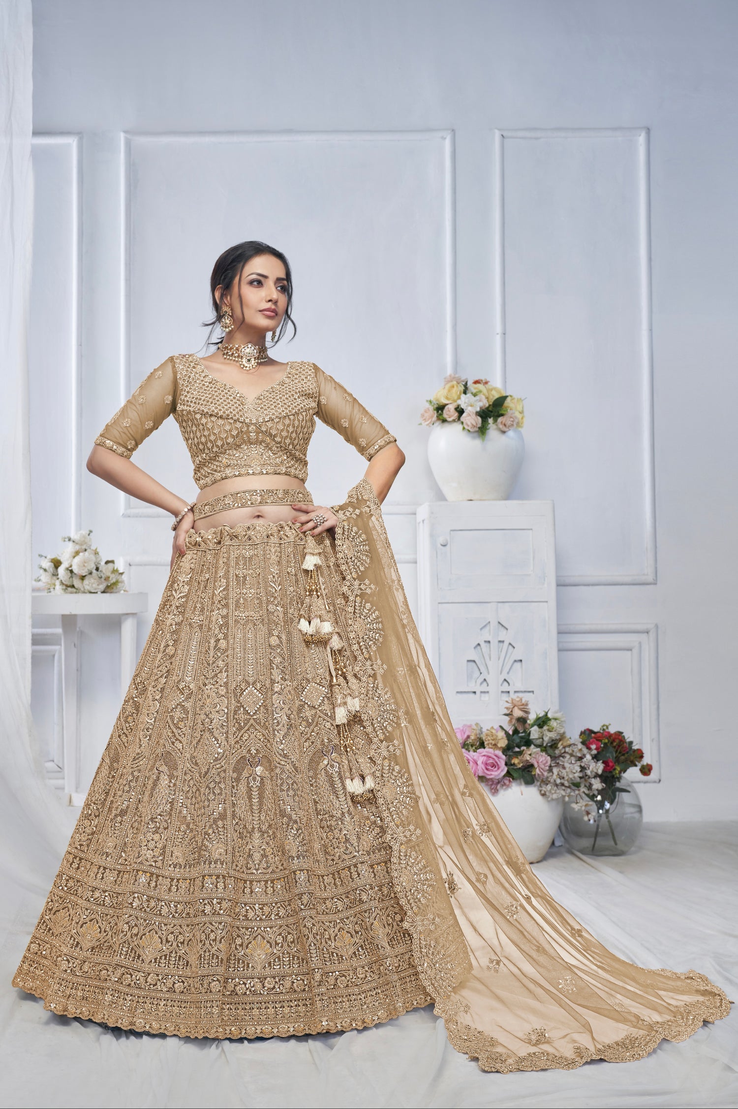 Bridal Brown Soft Net Lehenga with Paisley &amp; Peacock Embroidery