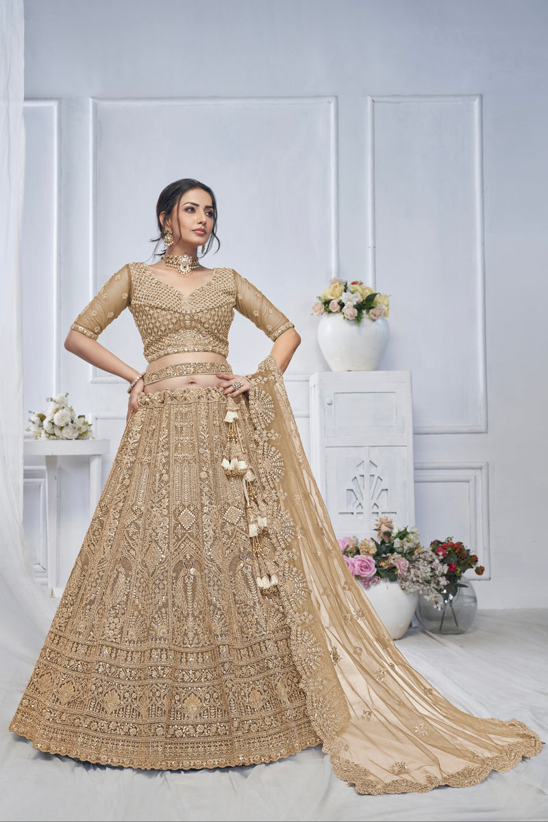 Bridal Brown Soft Net Lehenga with Paisley & Peacock Embroidery