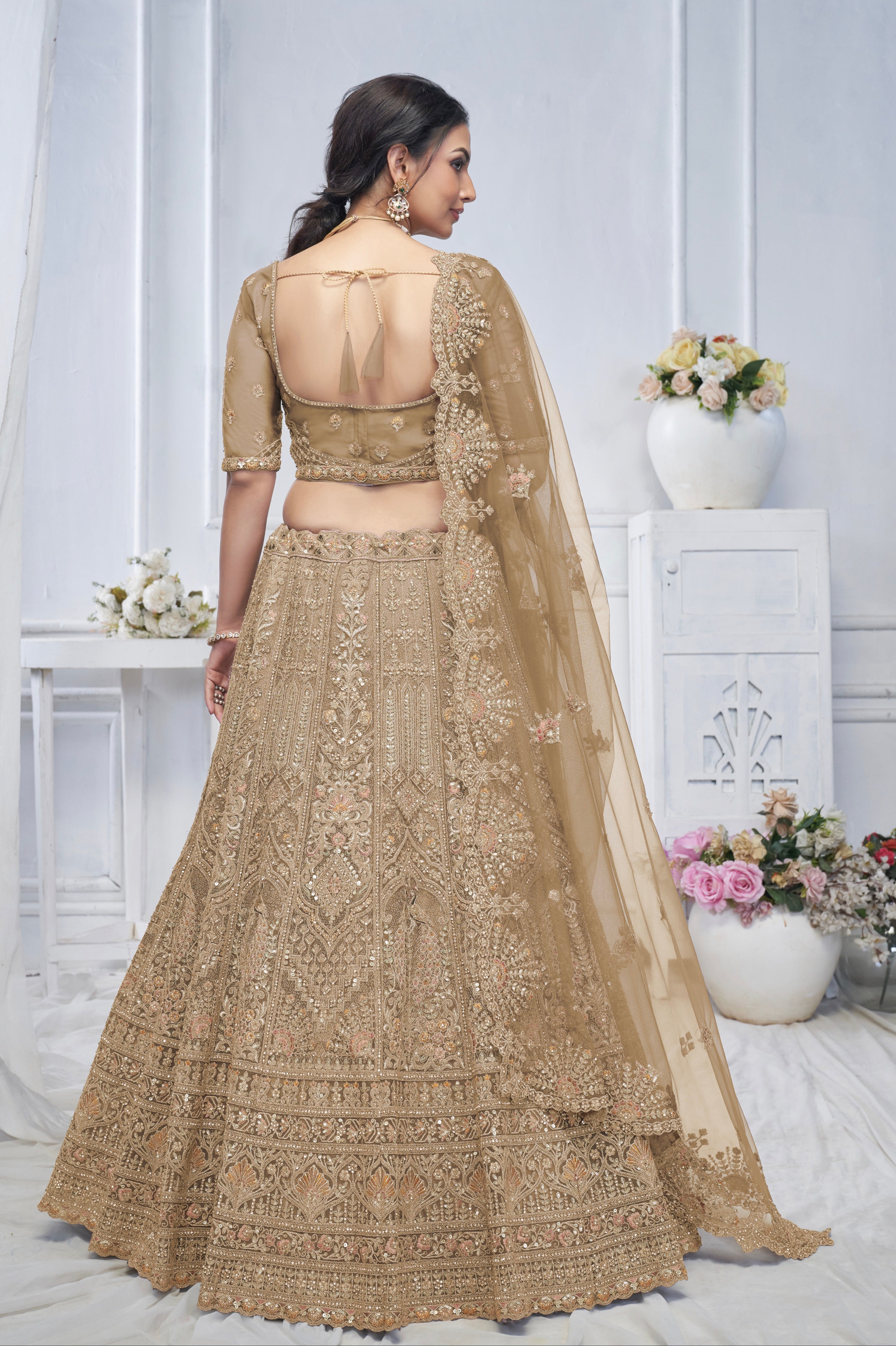 Bridal Brown Soft Net Lehenga with Paisley & Peacock Embroidery