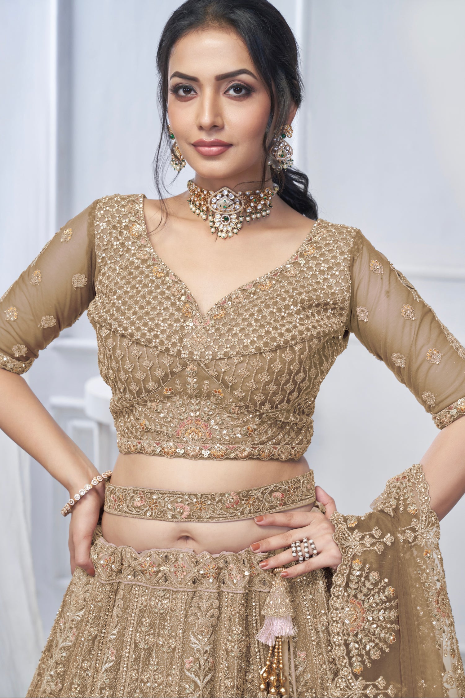 Bridal Brown Soft Net Lehenga with Paisley &amp; Peacock Embroidery