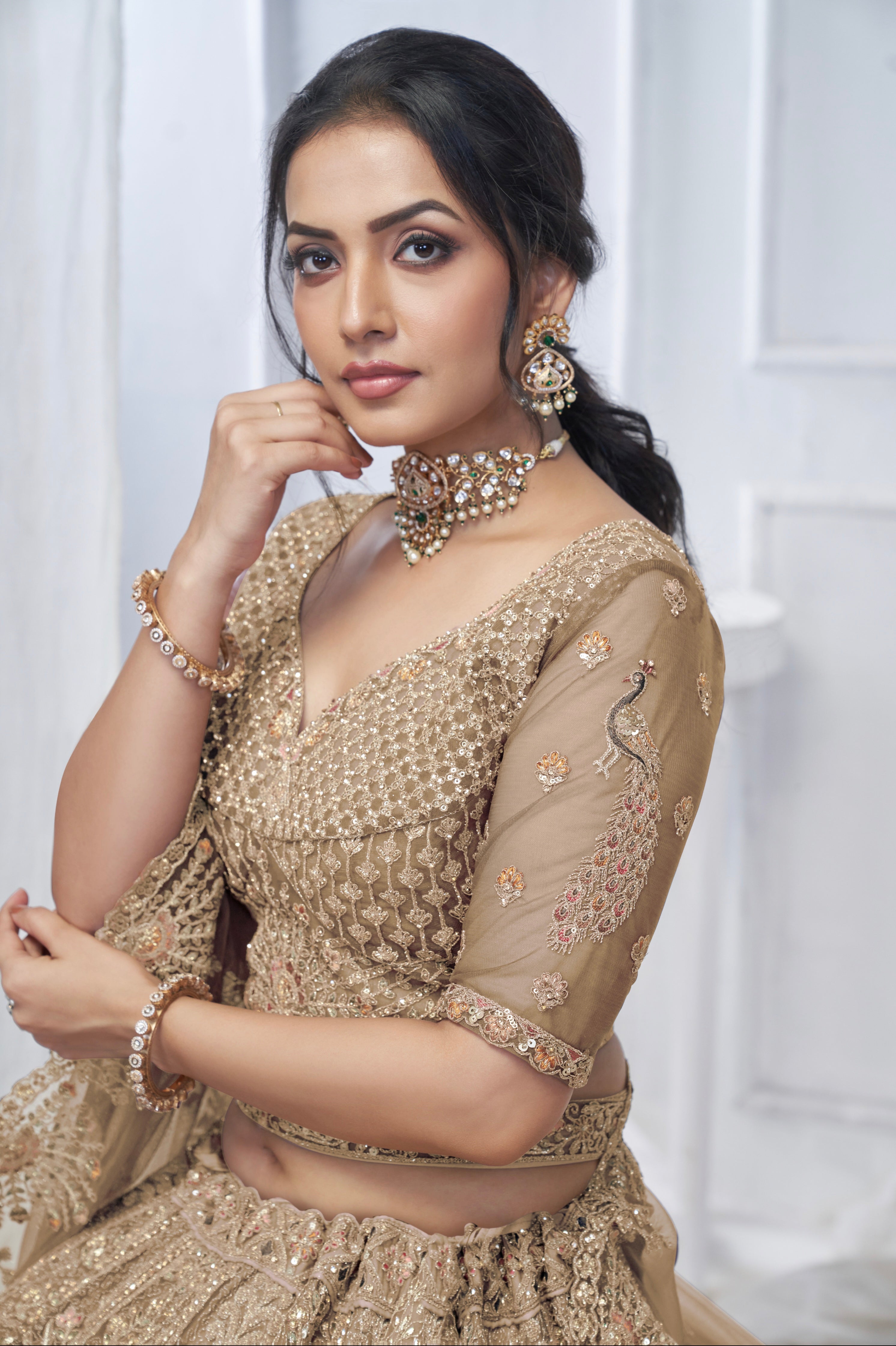 Bridal Brown Soft Net Lehenga with Paisley &amp; Peacock Embroidery