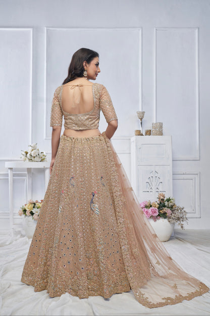 Mustard Soft Net Lehenga with Aari Embroidery &amp; Peacock Motifs