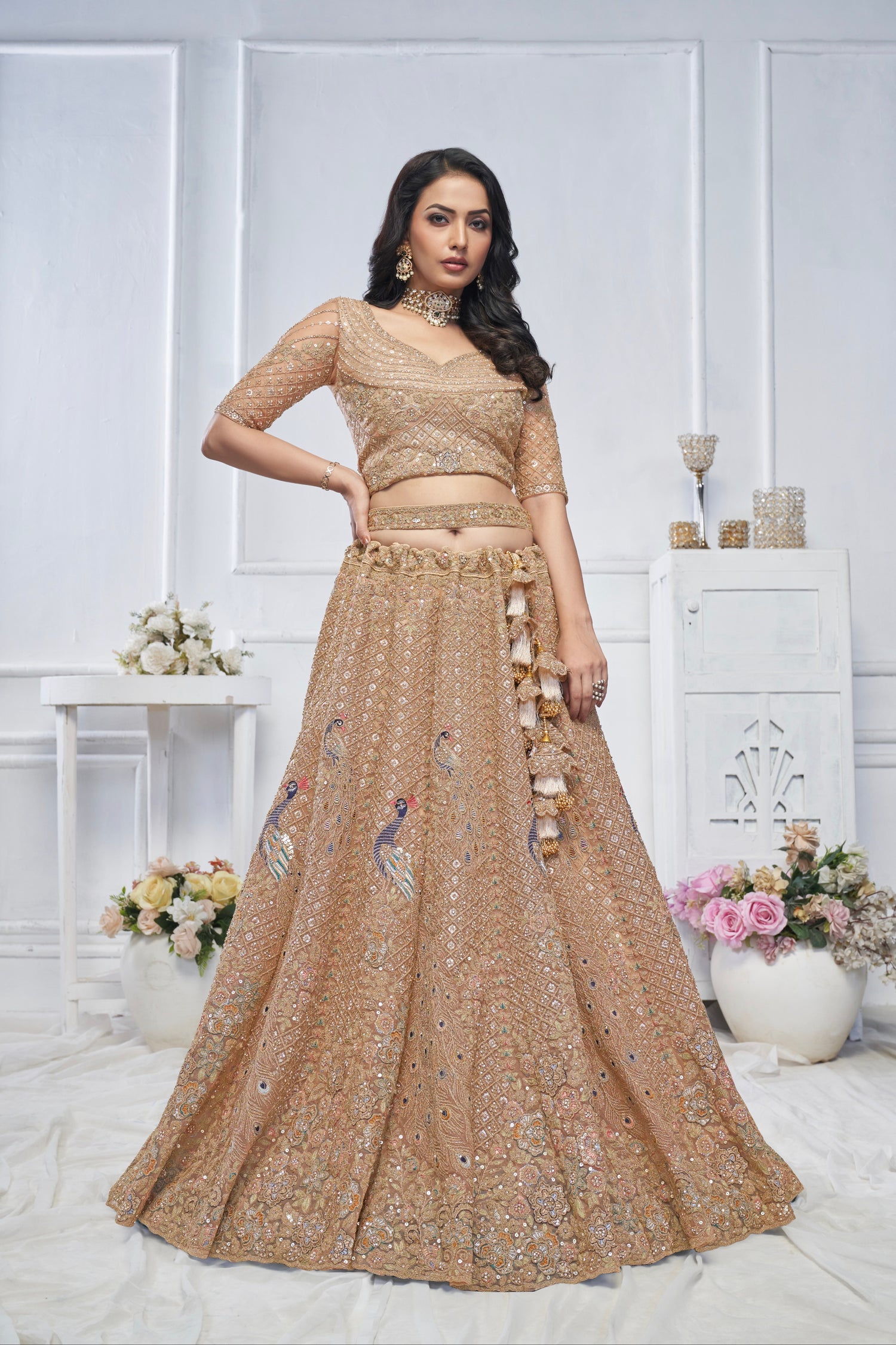 Mustard Soft Net Lehenga with Aari Embroidery &amp; Peacock Motifs