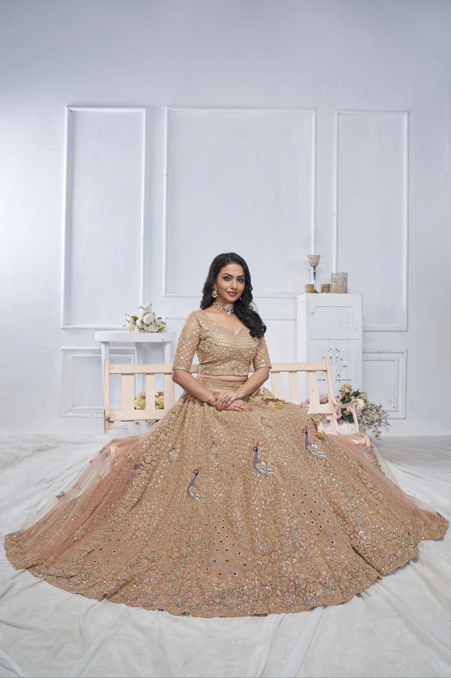 Mustard Soft Net Lehenga with Aari Embroidery &amp; Peacock Motifs