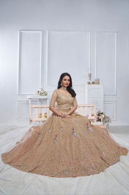 Mustard Soft Net Lehenga with Aari Embroidery &amp; Peacock Motifs
