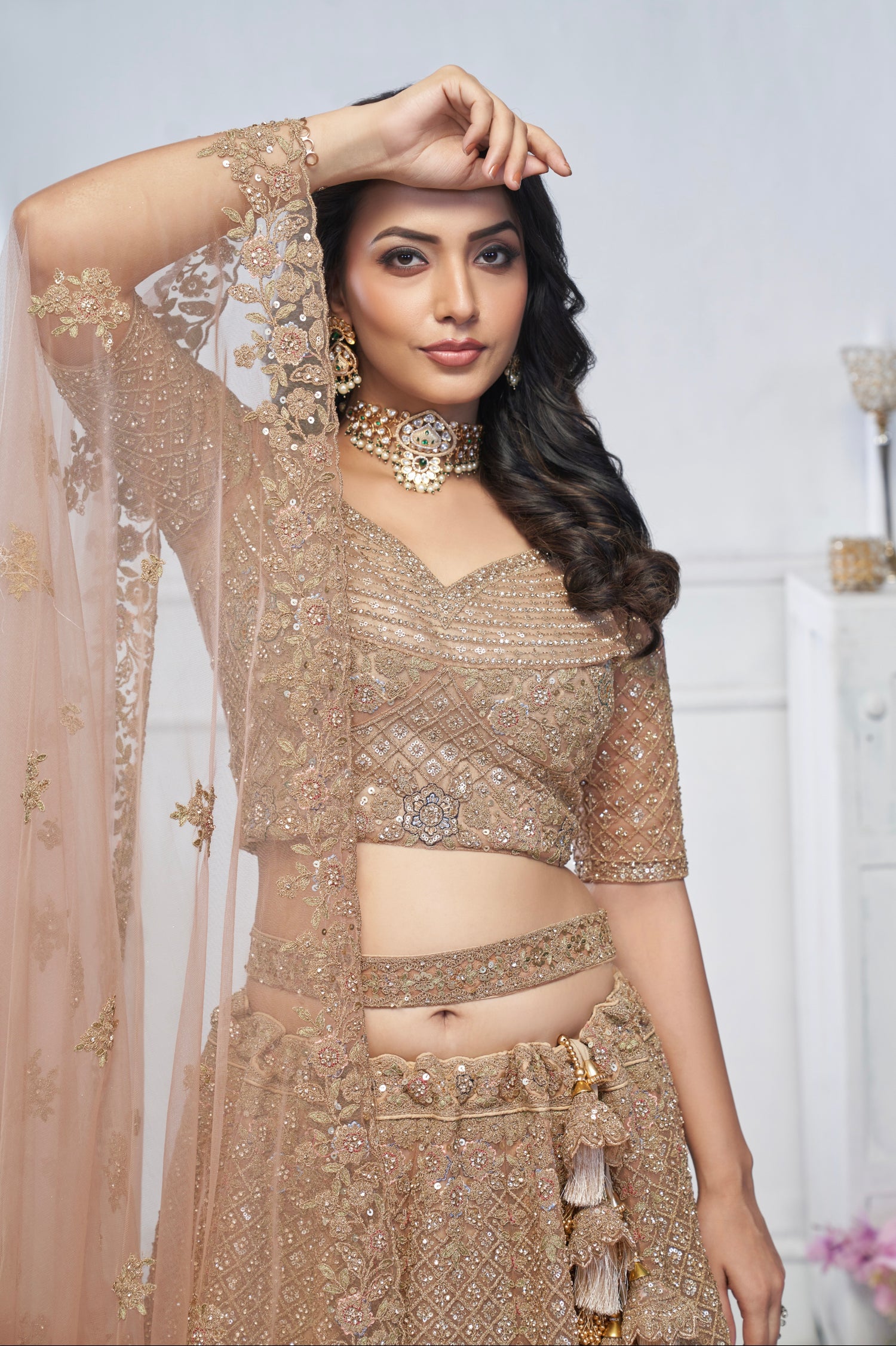 Mustard Soft Net Lehenga with Aari Embroidery &amp; Peacock Motifs
