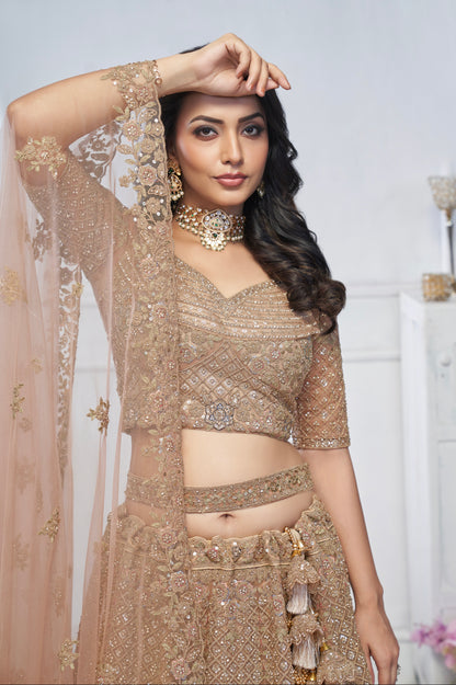 Mustard Soft Net Lehenga with Aari Embroidery &amp; Peacock Motifs