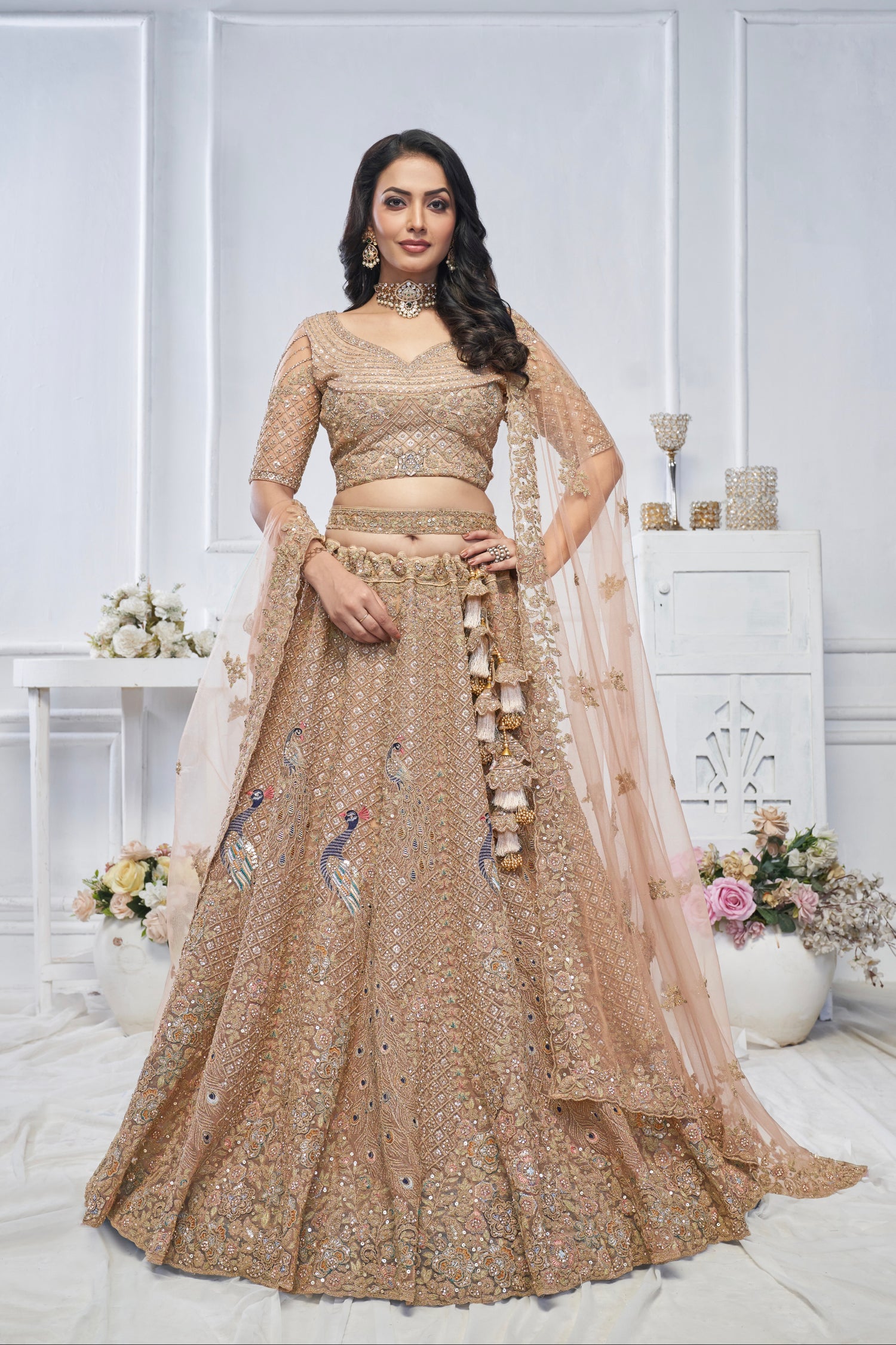 Mustard Soft Net Lehenga with Aari Embroidery &amp; Peacock Motifs