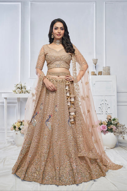 Mustard Soft Net Lehenga with Aari Embroidery &amp; Peacock Motifs