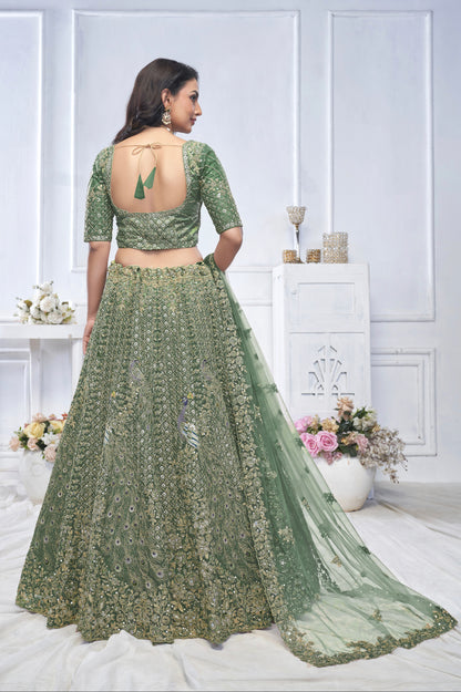 Green Aari Embroidered Soft Net Lehenga with Zari &amp; Stone Work