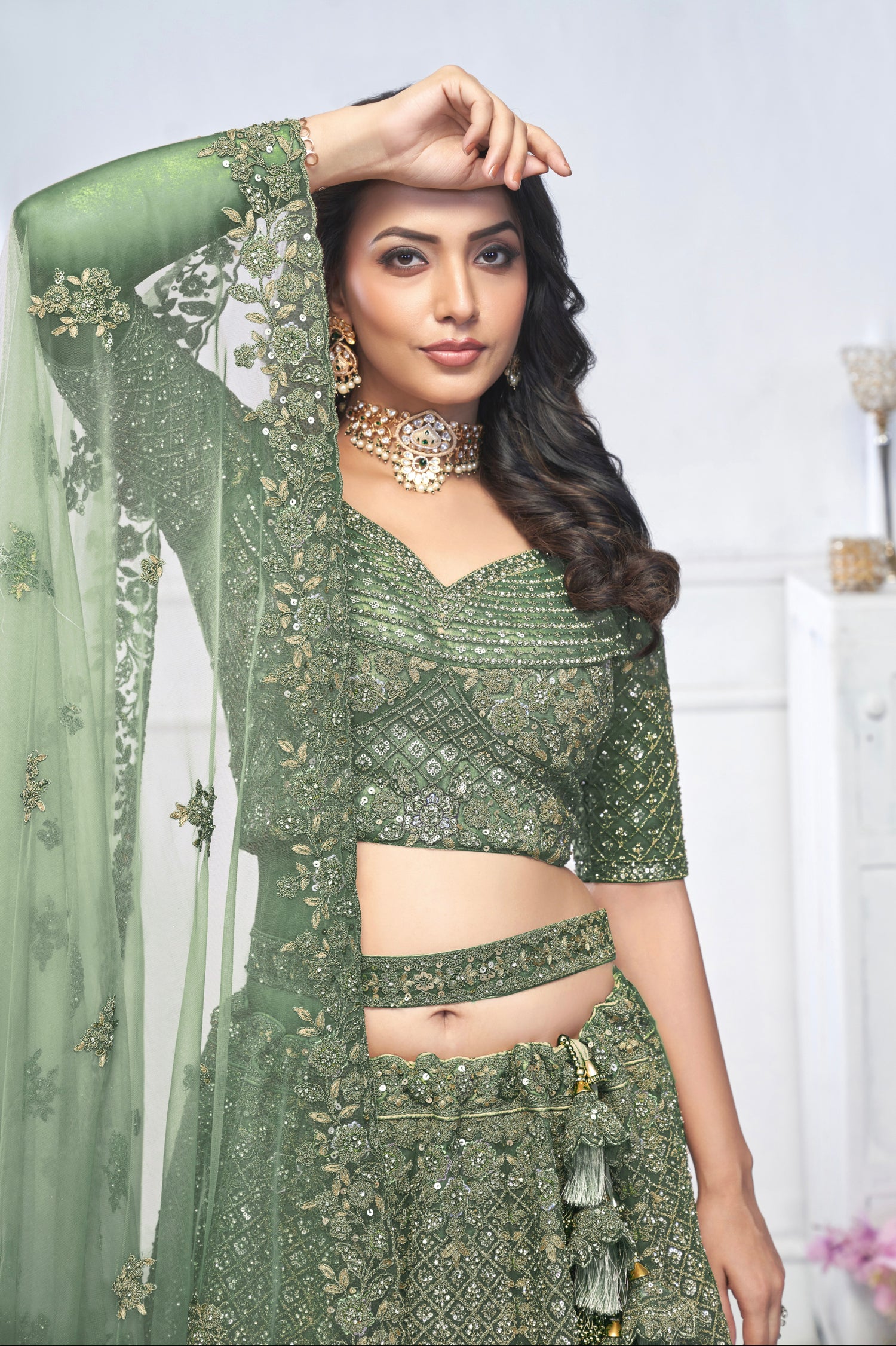 Green Aari Embroidered Soft Net Lehenga with Zari &amp; Stone Work