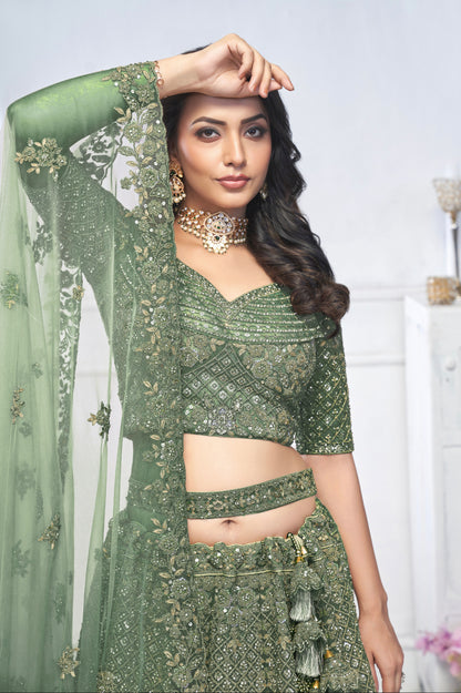Green Aari Embroidered Soft Net Lehenga with Zari &amp; Stone Work