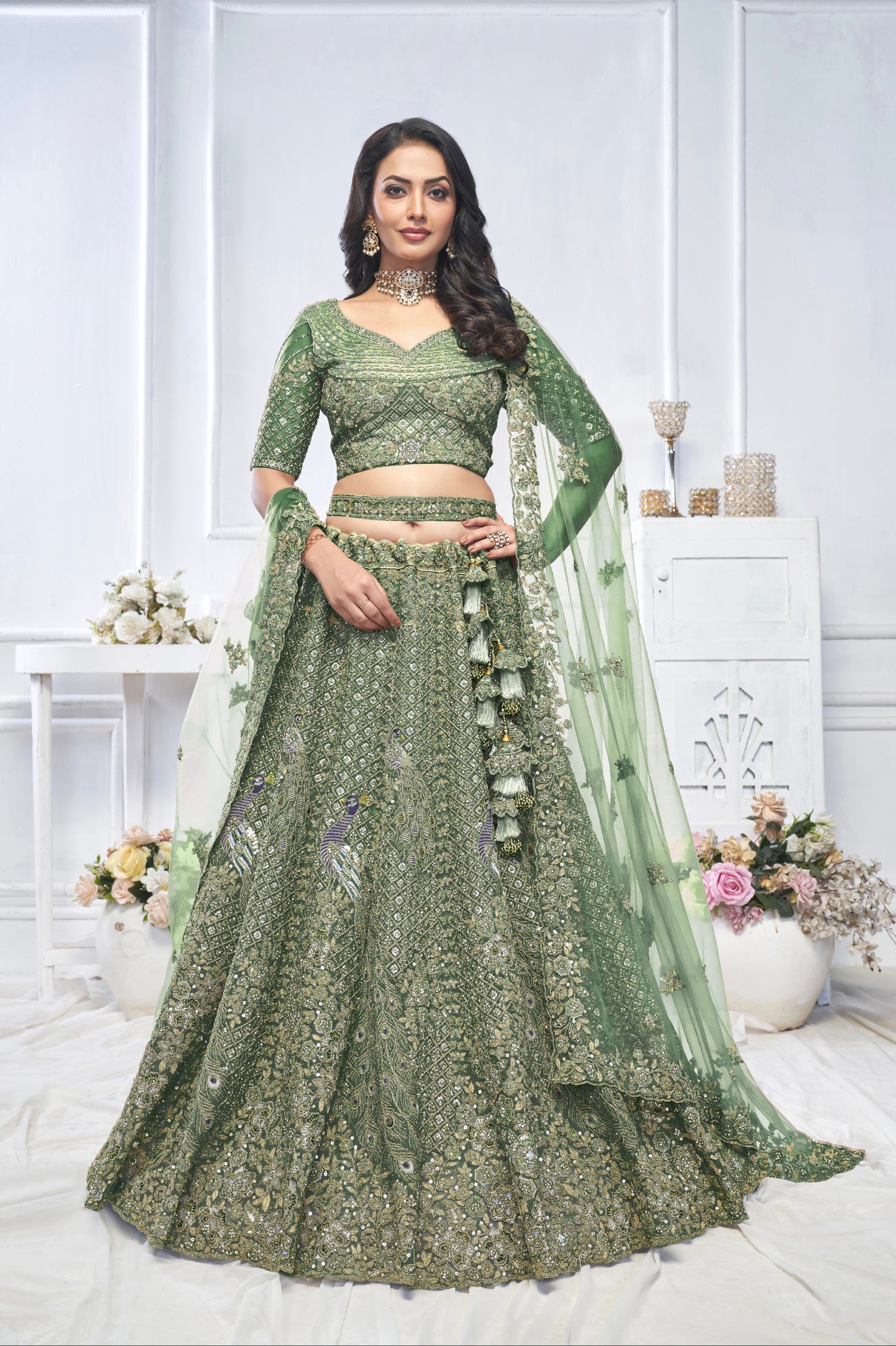Green Aari Embroidered Soft Net Lehenga with Zari &amp; Stone Work
