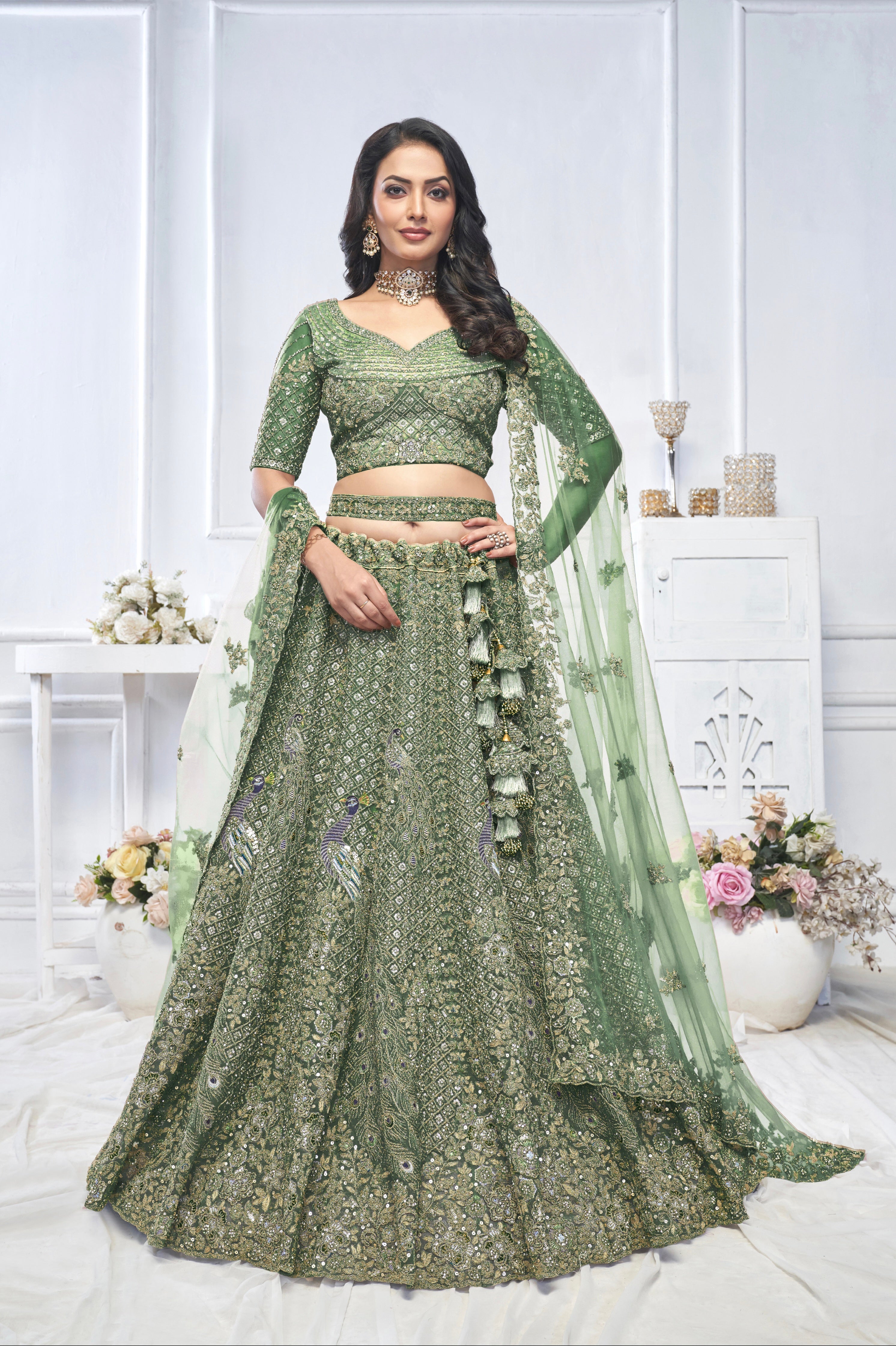 Green Aari Embroidered Soft Net Lehenga with Zari &amp; Stone Work