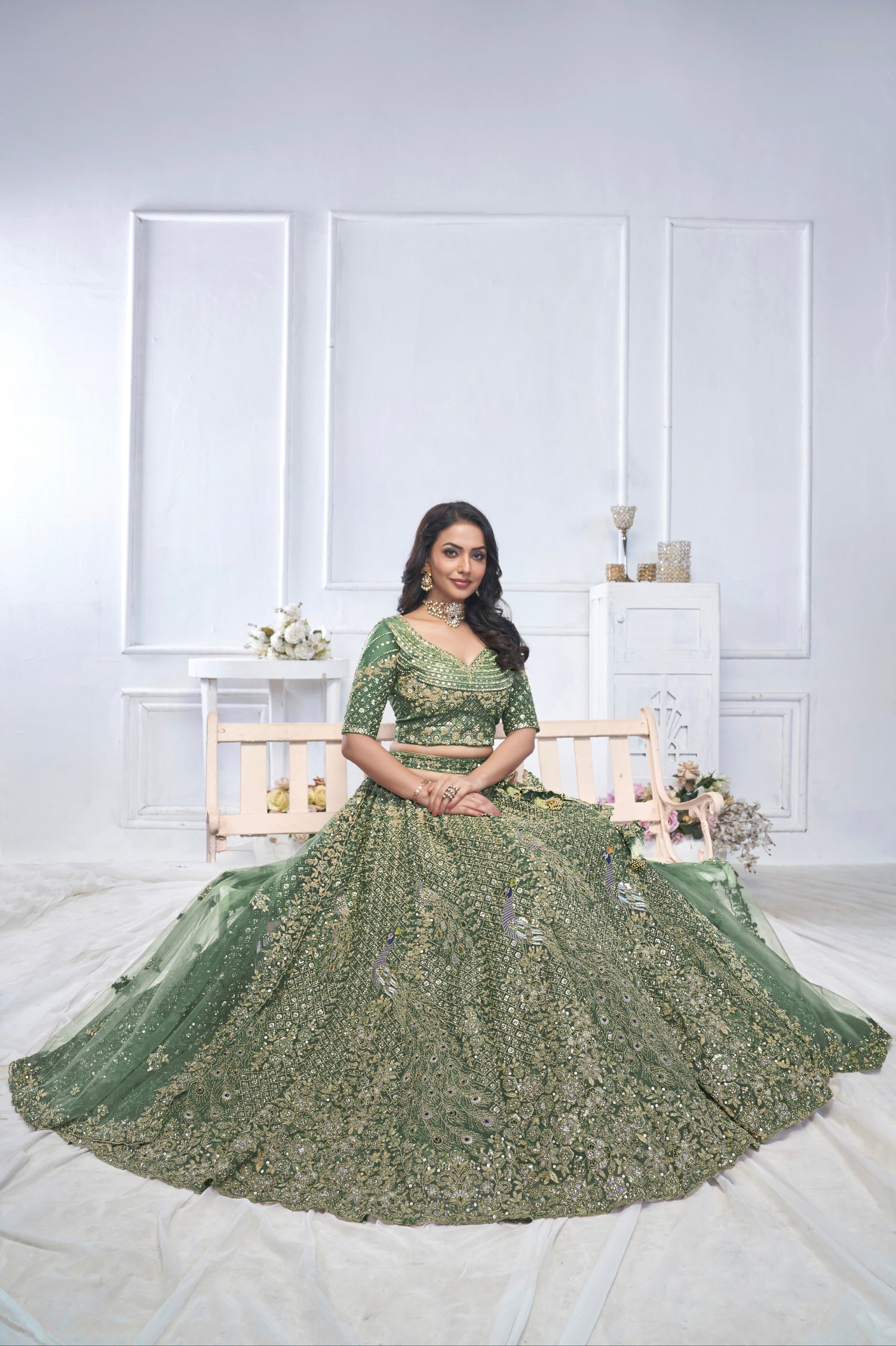 Green Aari Embroidered Soft Net Lehenga with Zari &amp; Stone Work