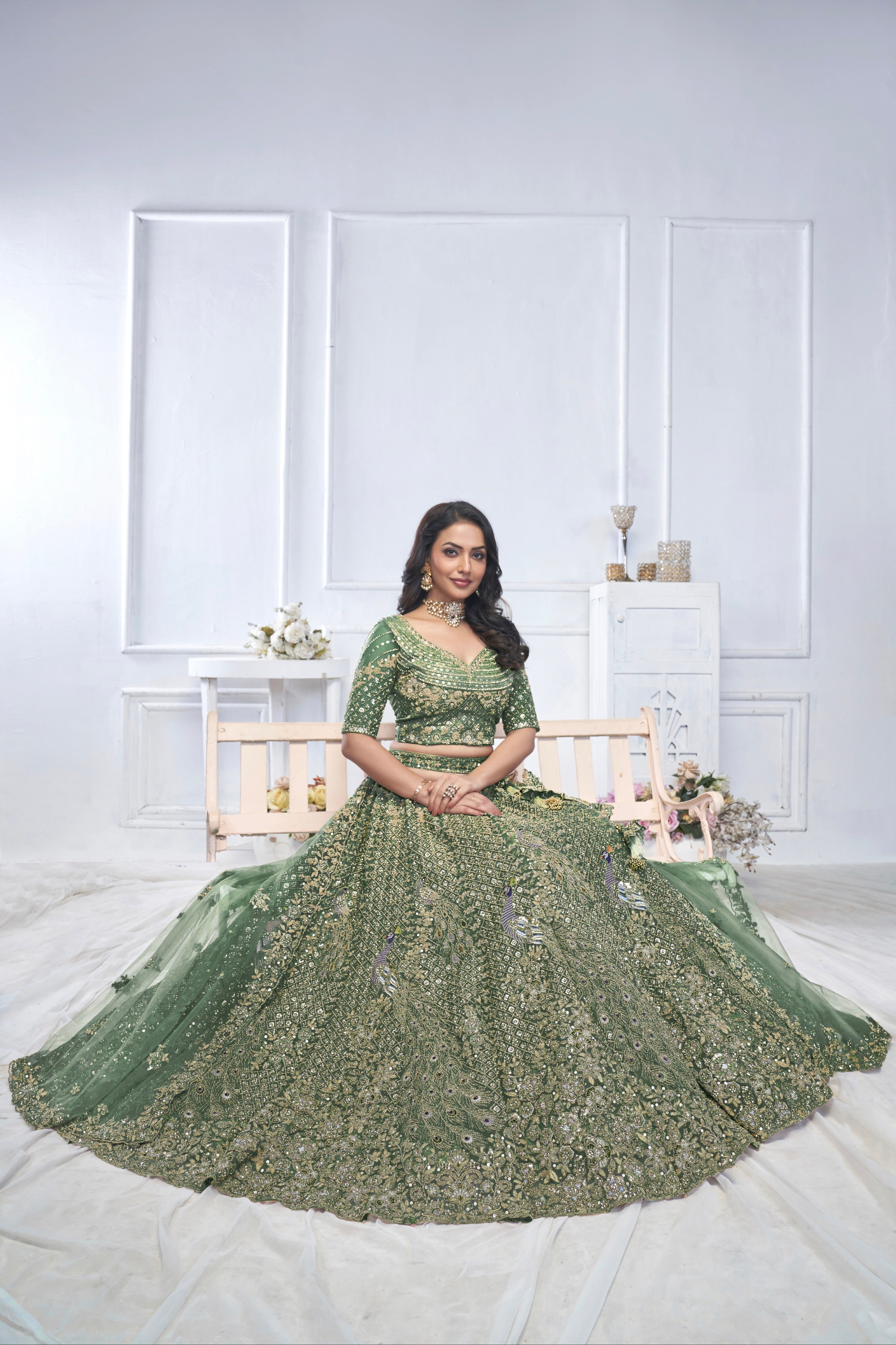 Green Aari Embroidered Soft Net Lehenga with Zari &amp; Stone Work