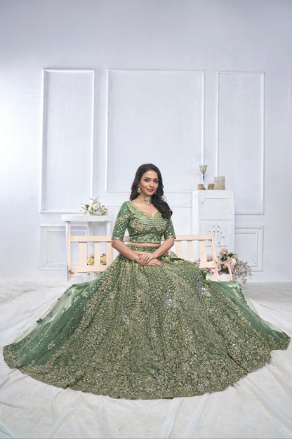 Green Aari Embroidered Soft Net Lehenga with Zari &amp; Stone Work
