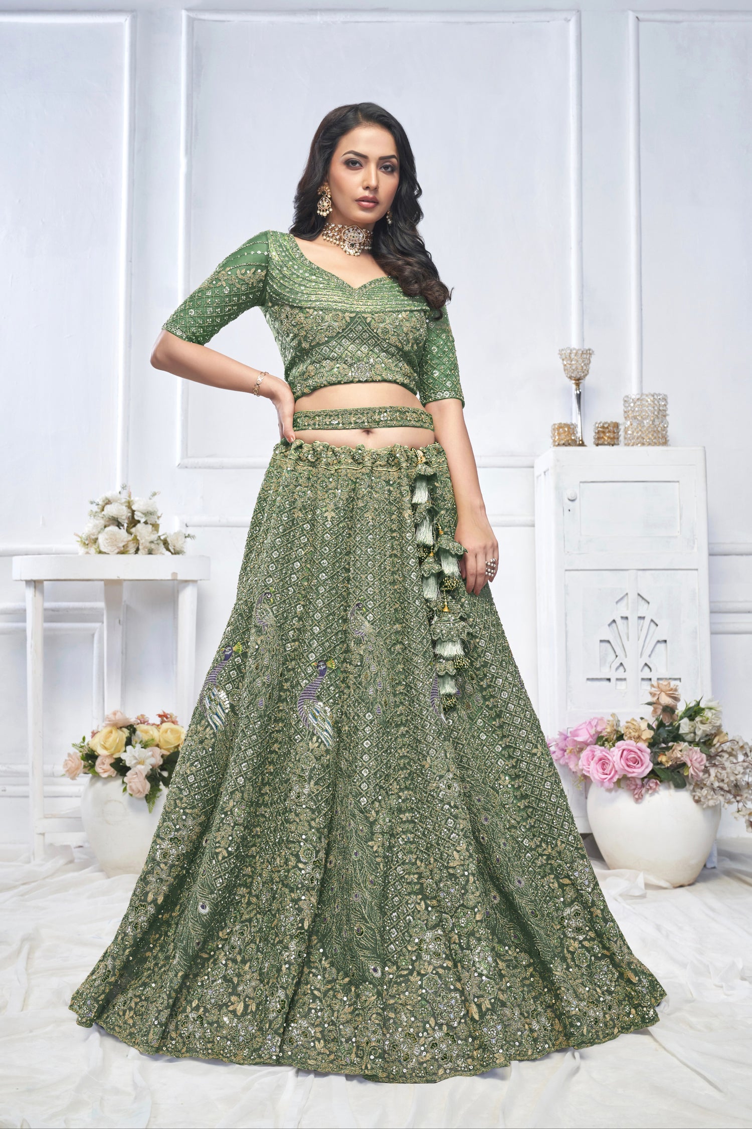 Green Aari Embroidered Soft Net Lehenga with Zari &amp; Stone Work