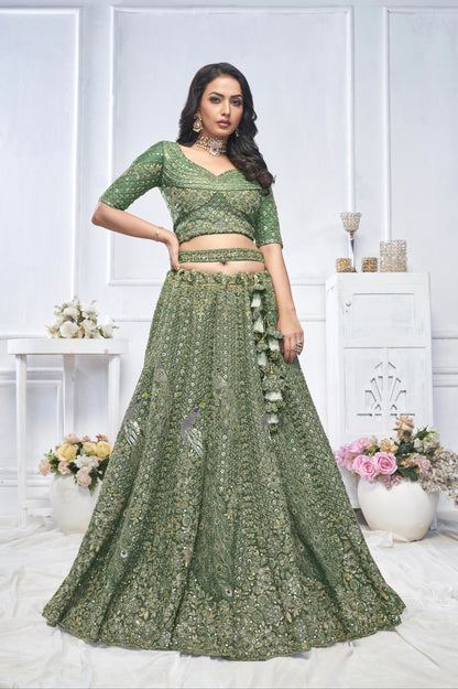Green Aari Embroidered Soft Net Lehenga with Zari &amp; Stone Work