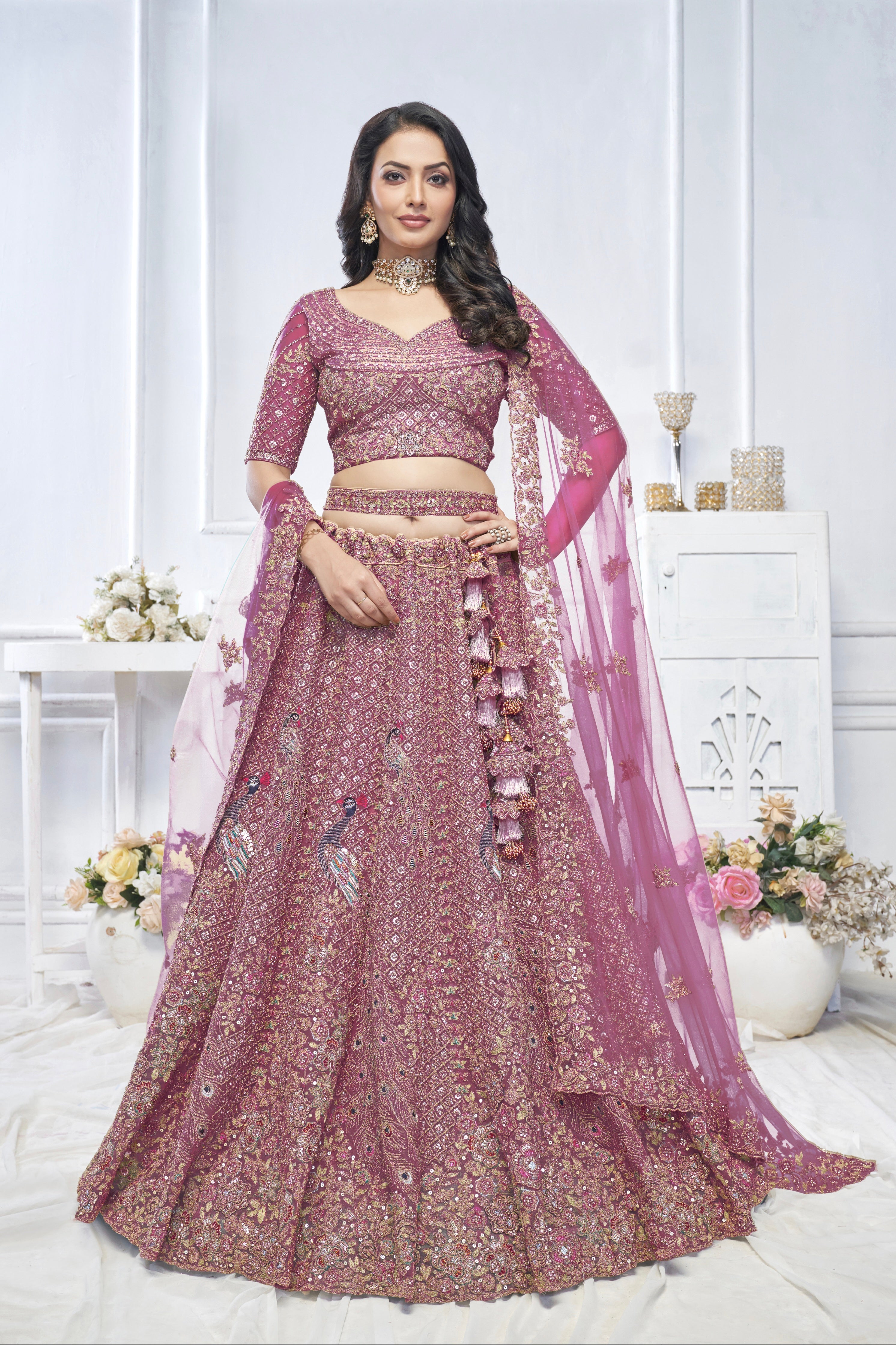 Onion Aari Embroidered Soft Net Lehenga with Zari &amp; Stone Work
