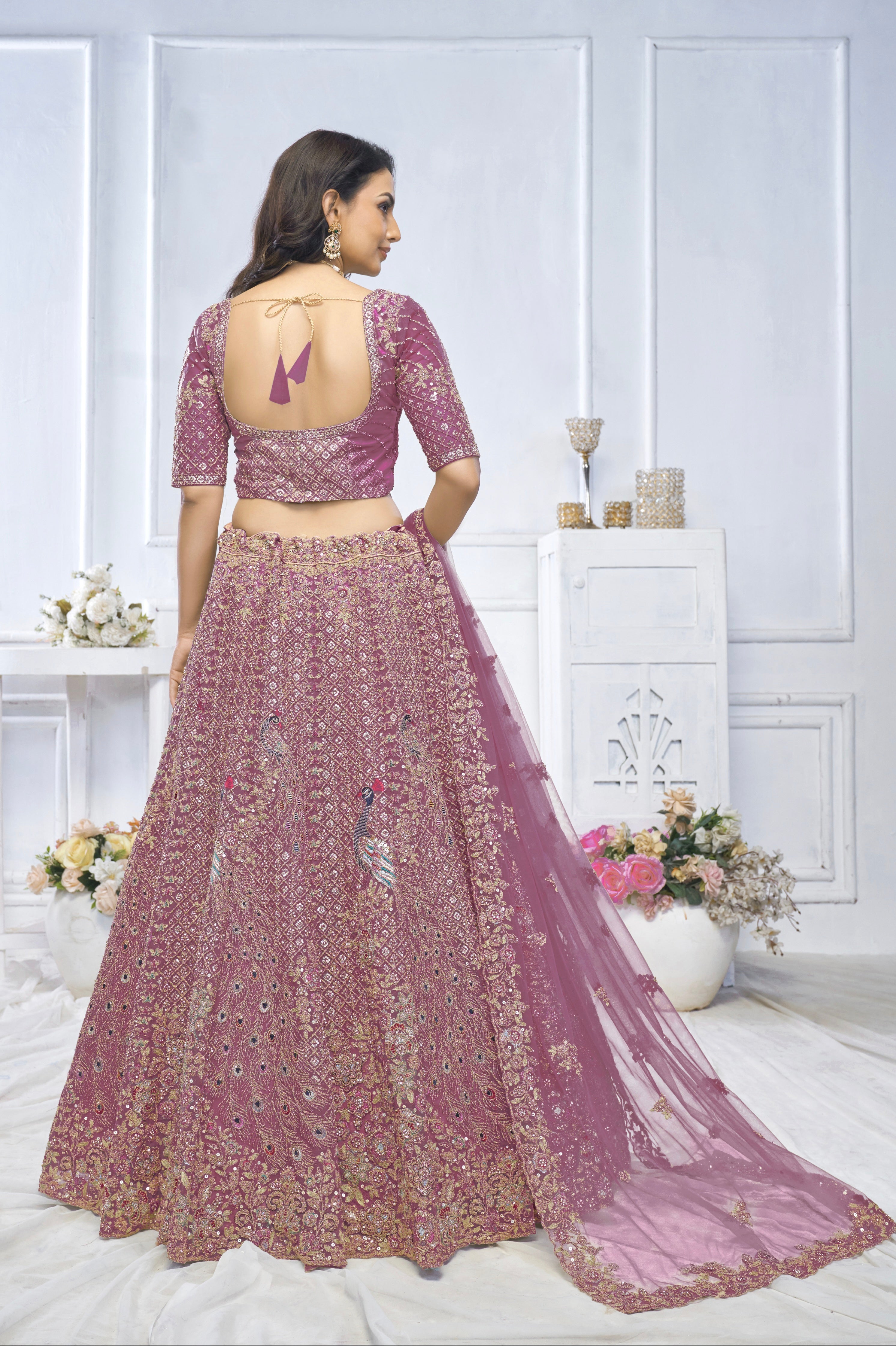 Onion Aari Embroidered Soft Net Lehenga with Zari & Stone Work