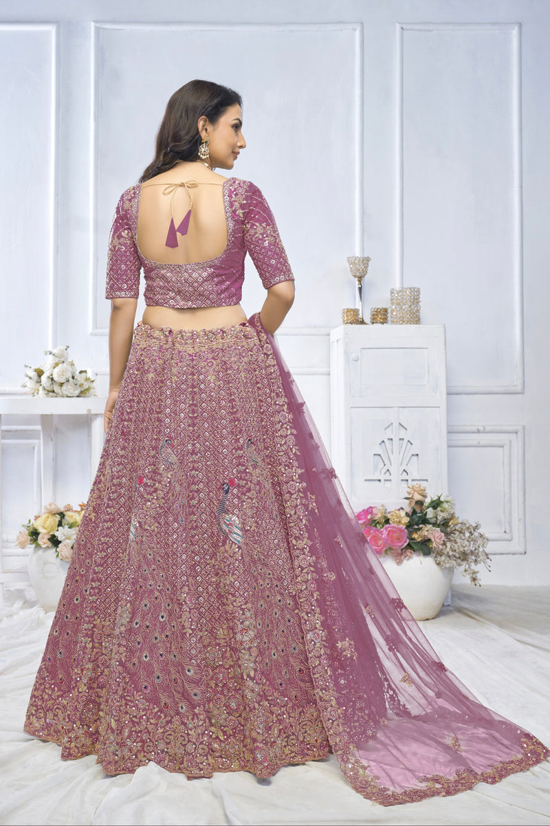 Onion Aari Embroidered Soft Net Lehenga with Zari & Stone Work