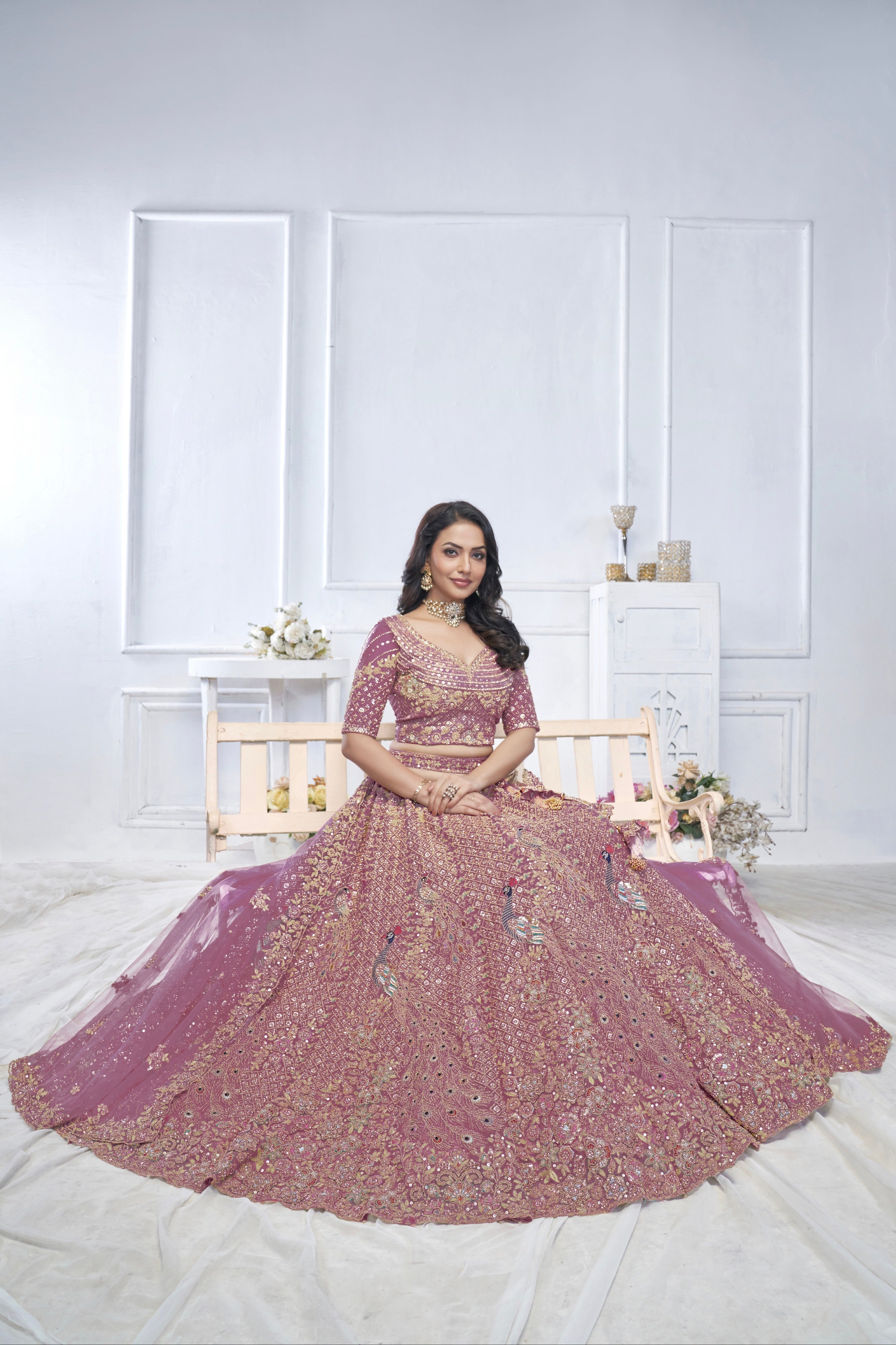 Onion Aari Embroidered Soft Net Lehenga with Zari & Stone Work