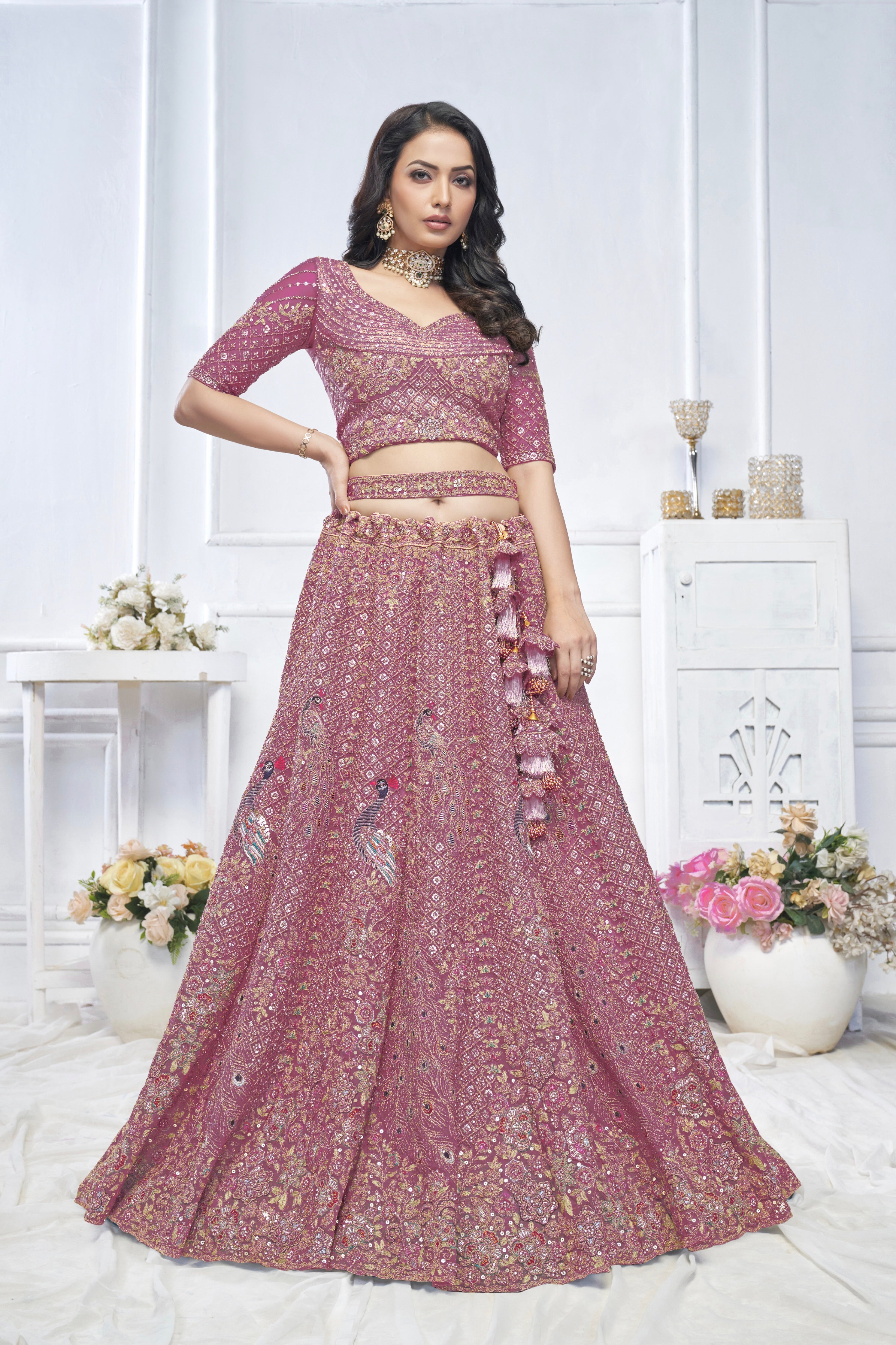 Onion Aari Embroidered Soft Net Lehenga with Zari &amp; Stone Work