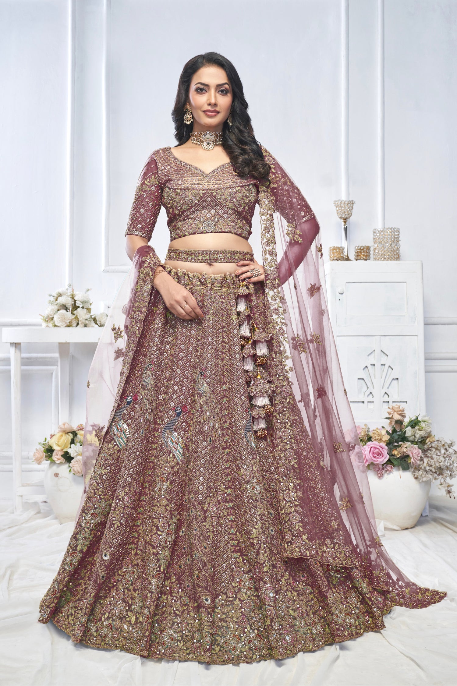 Dark Purple Aari Embroidered Soft Net Lehenga with Zari &amp; Stone Work