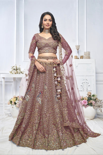 Dark Purple Aari Embroidered Soft Net Lehenga with Zari &amp; Stone Work